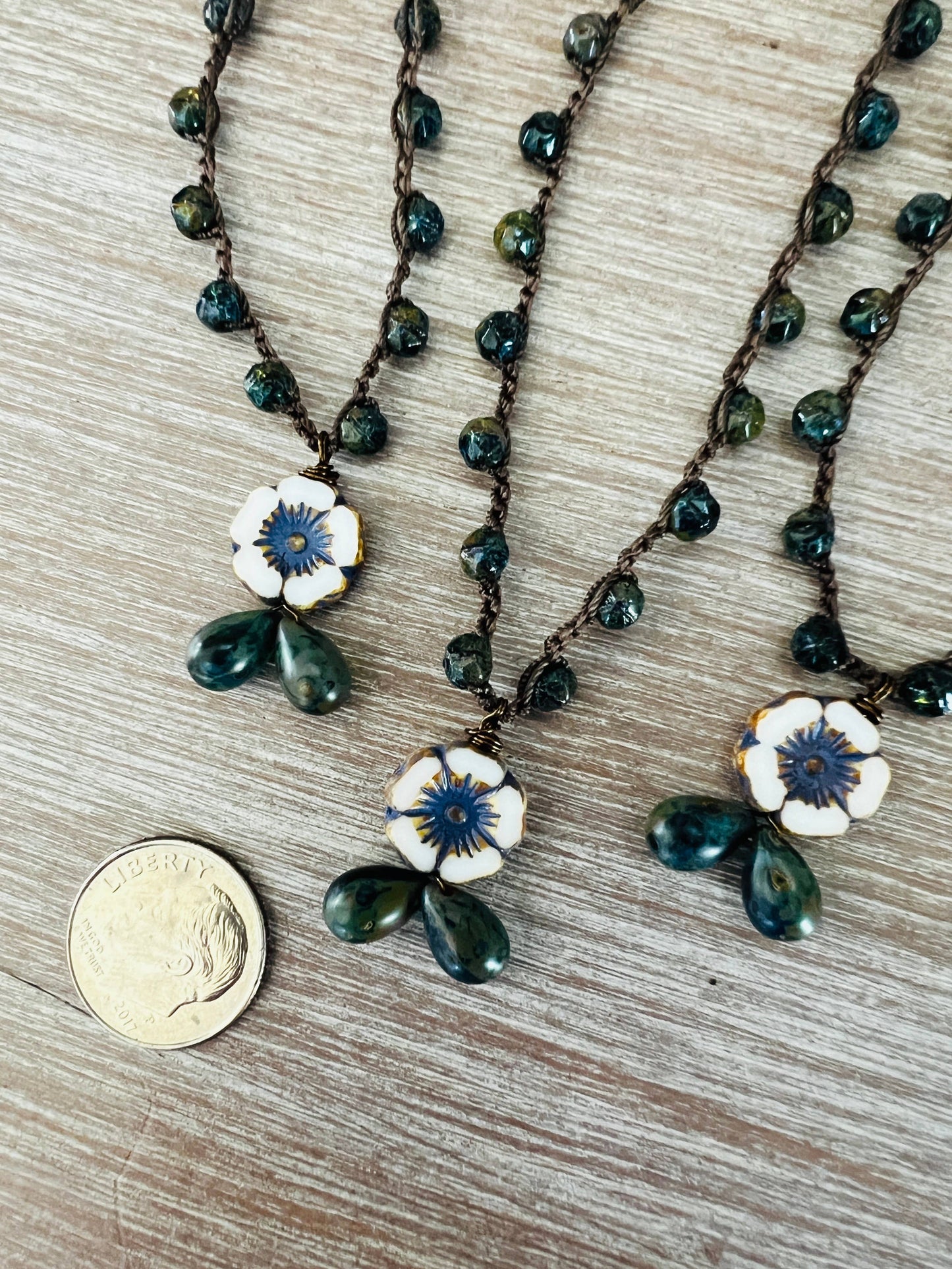 Vintage Flora Drop Crocheted Necklace in Deep Lake Tones