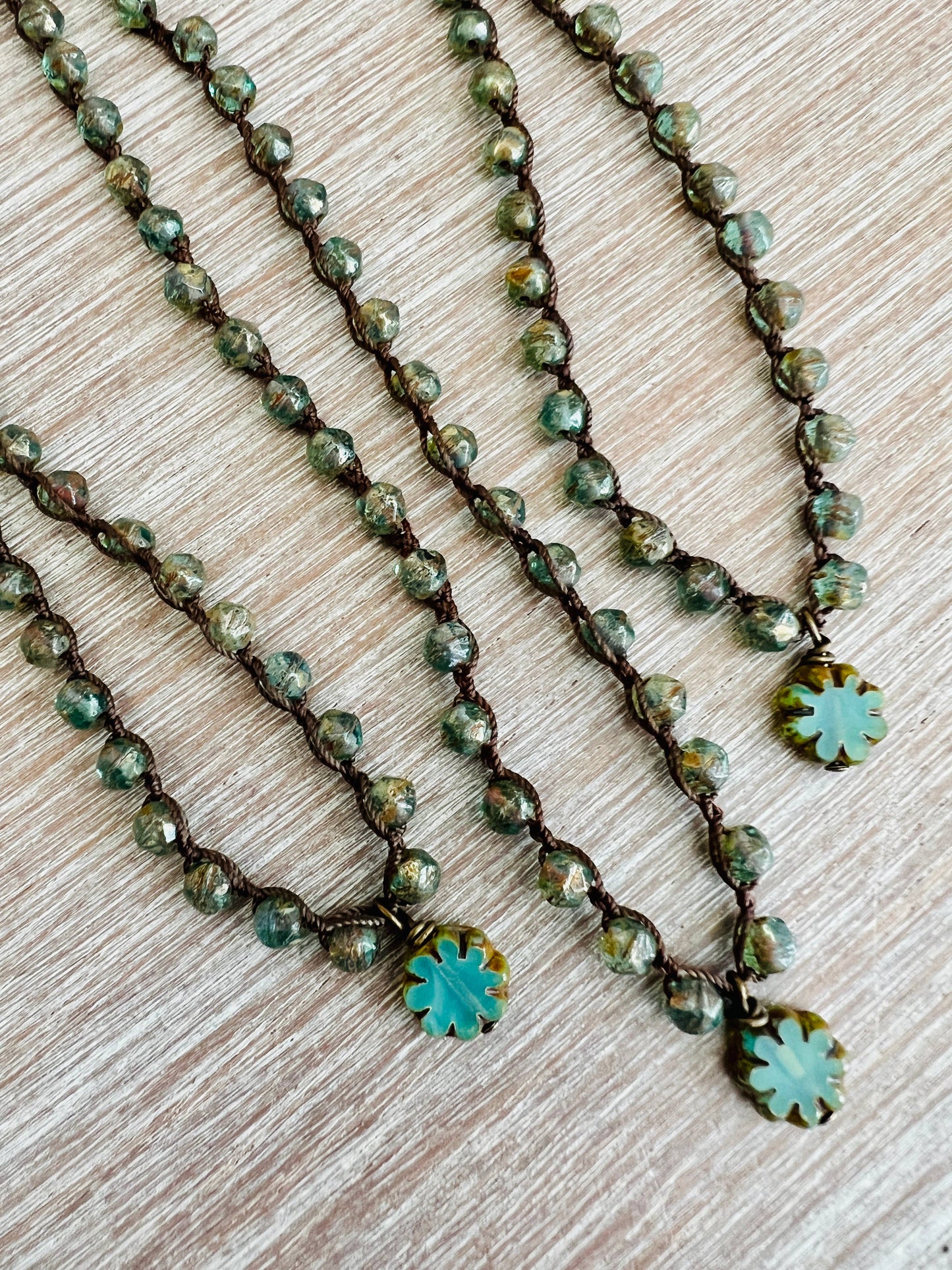 Anemone Glass Flower Crocheted Necklace, Sea Green Crystals