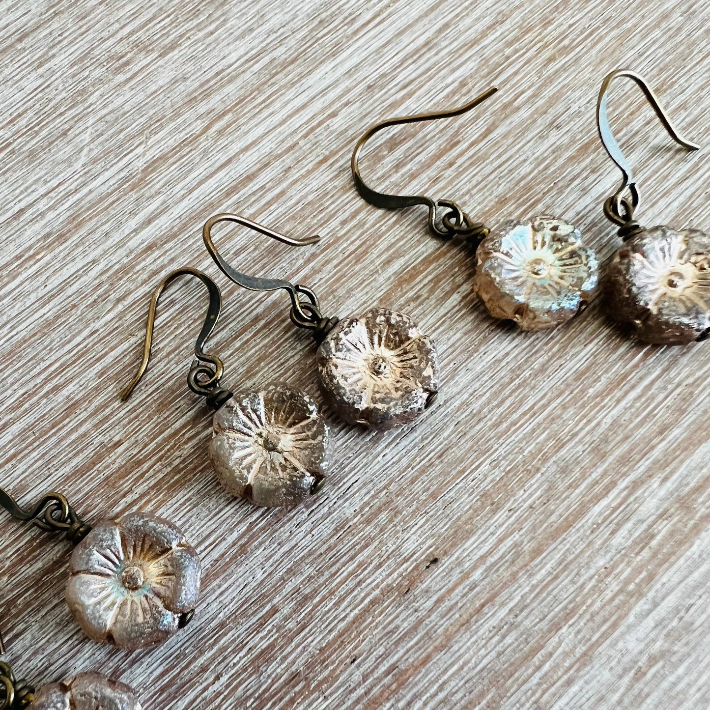 Dainty Pressed Glass Flower Earring in Antique Pink Shimmer