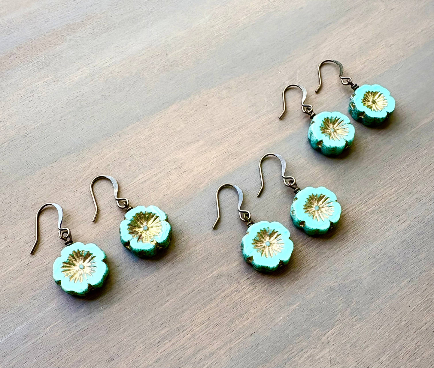 Golden Aqua Pressed Glass Flower Earrings