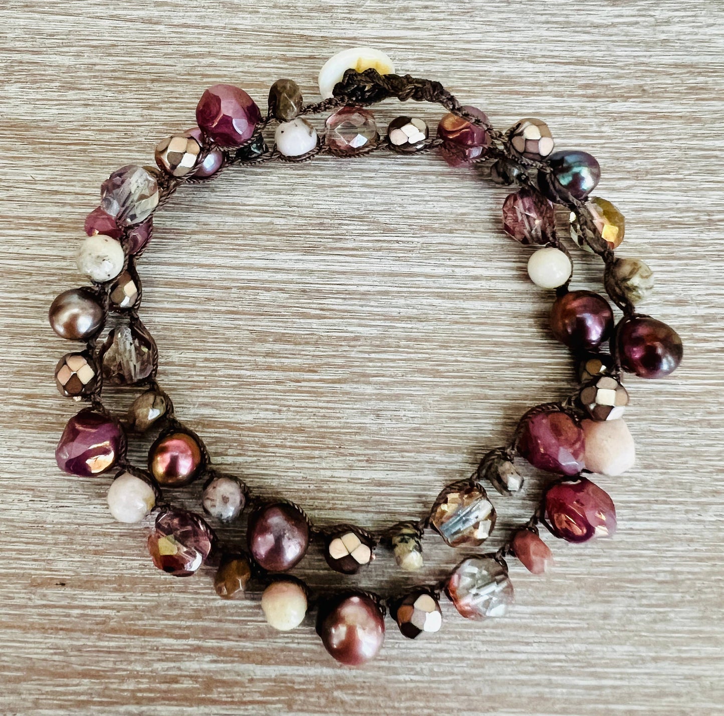 Antique Rose Crocheted Necklace With Stones And Pearls