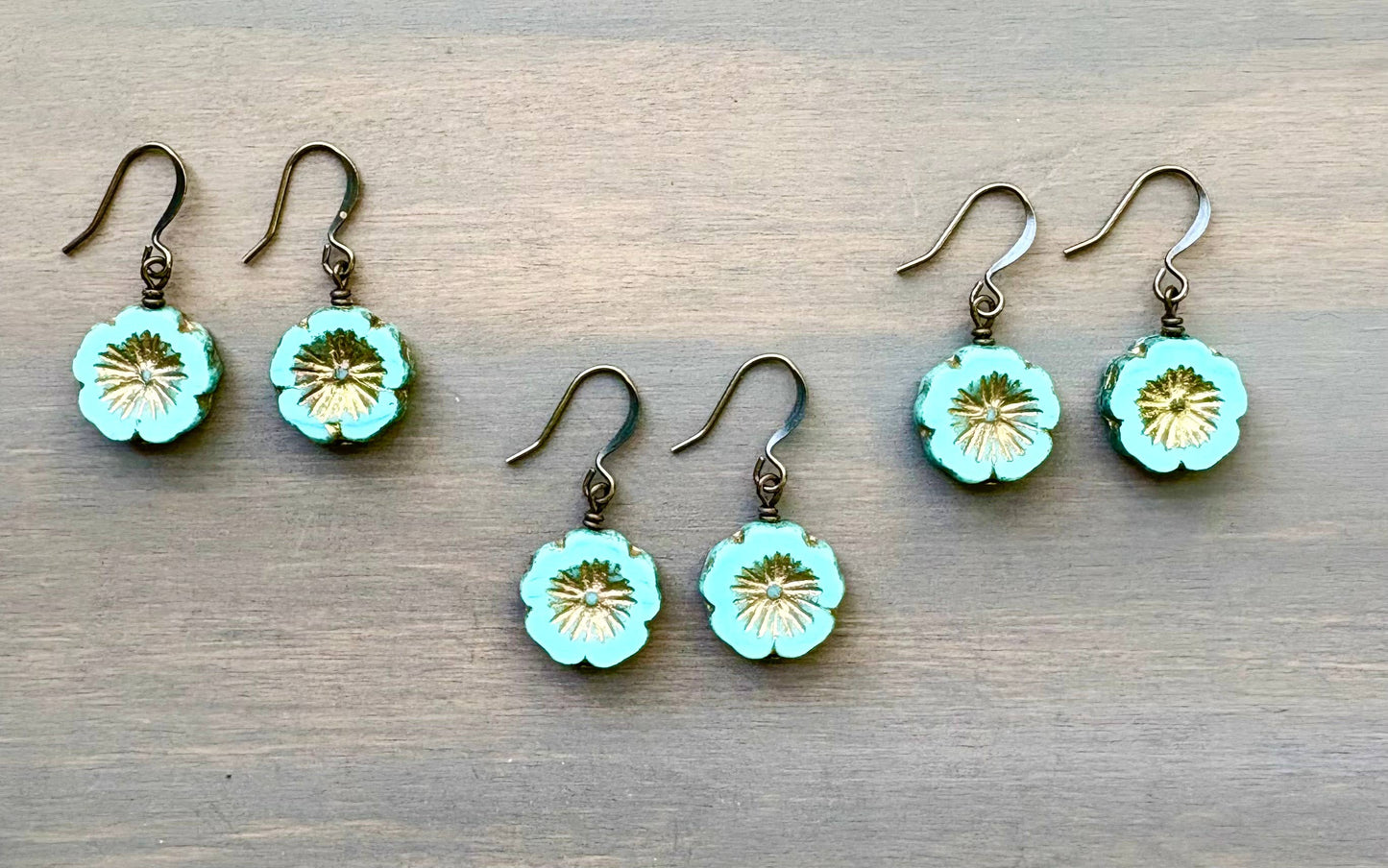Golden Aqua Pressed Glass Flower Earrings