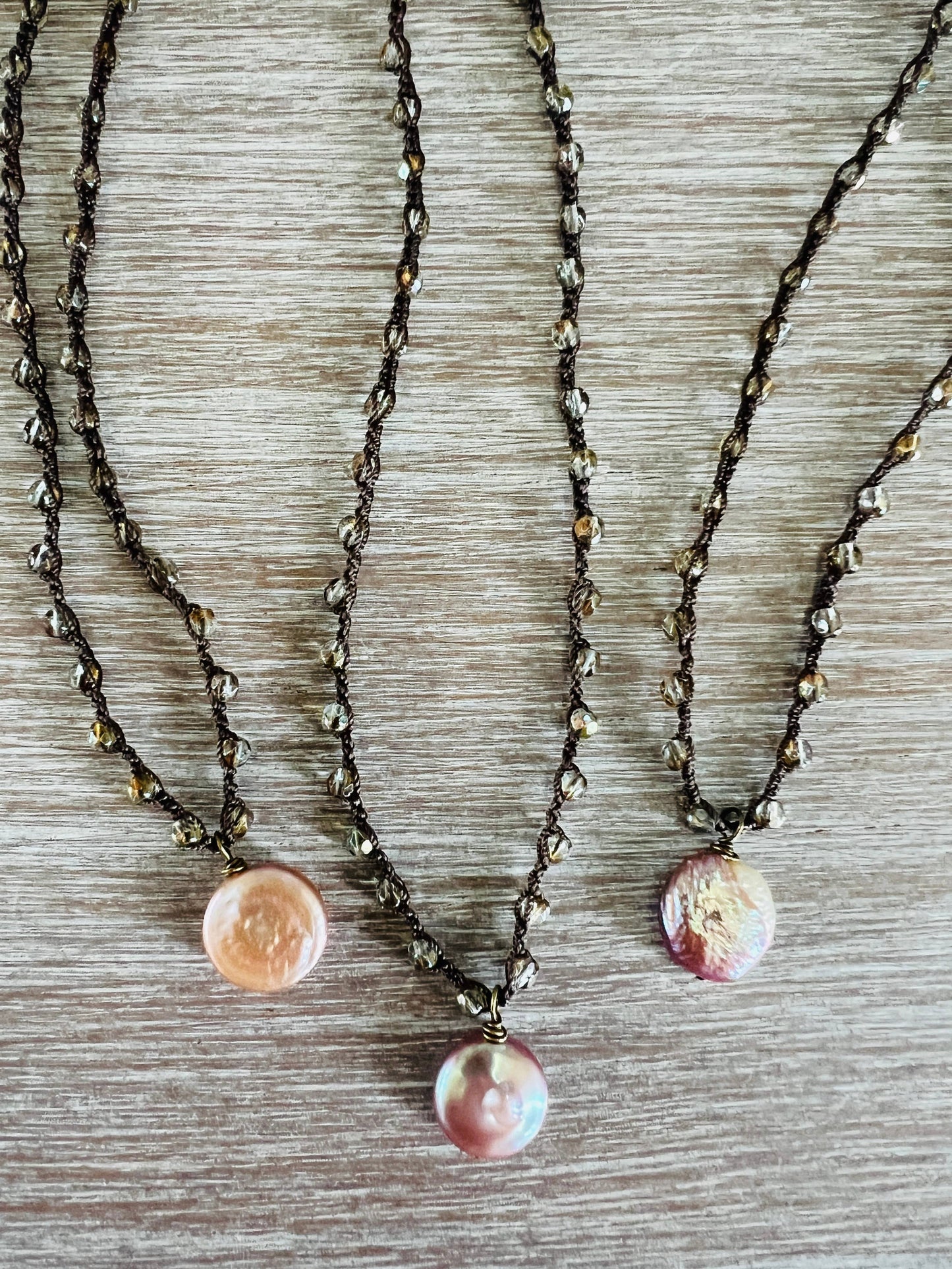 Crocheted Necklace With Freshwater Coin Pearl In Blush Pink