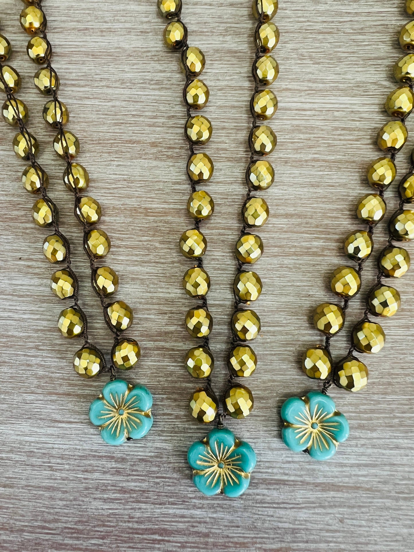 Golden Aqua Glass Flower Crocheted Crystal Necklace