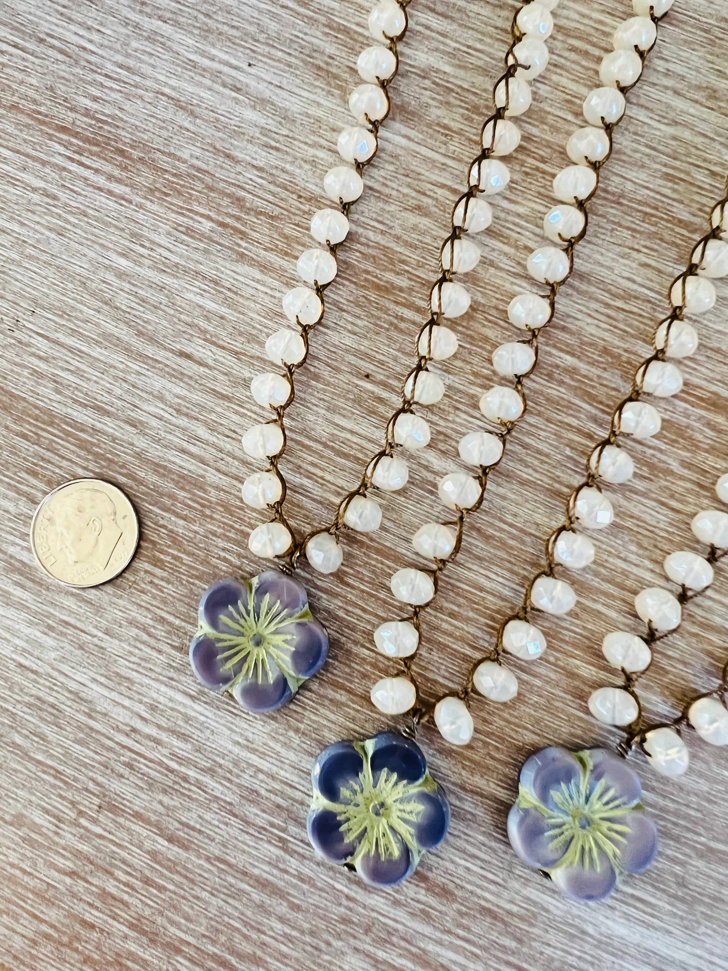 Soft Lavender Pressed Glass Flower Necklace And Opal Crystal