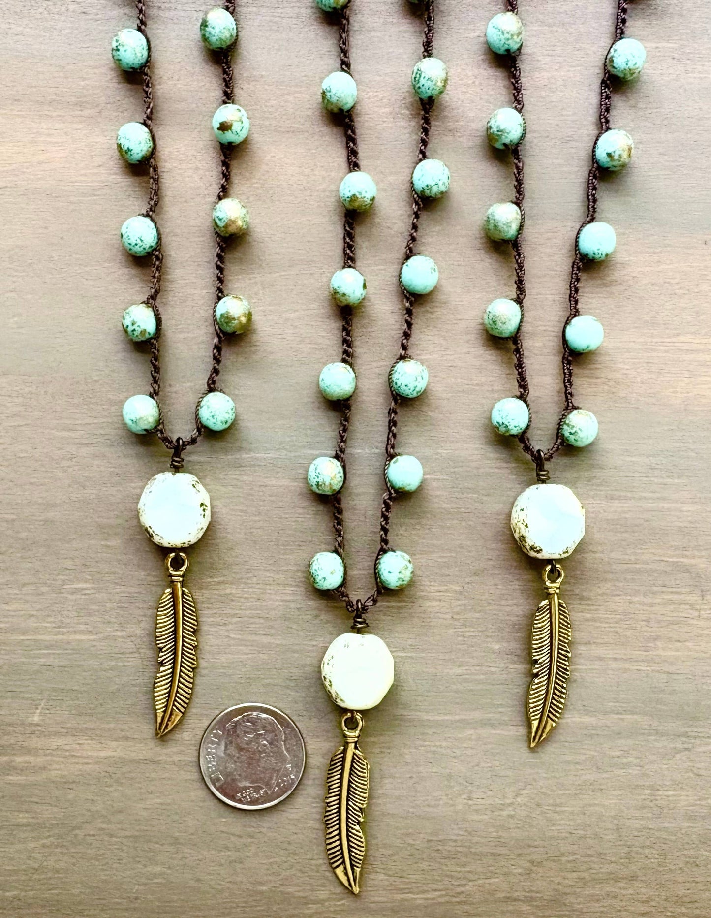 Moon Feather Drop on Czech Crystal Crocheted Necklace