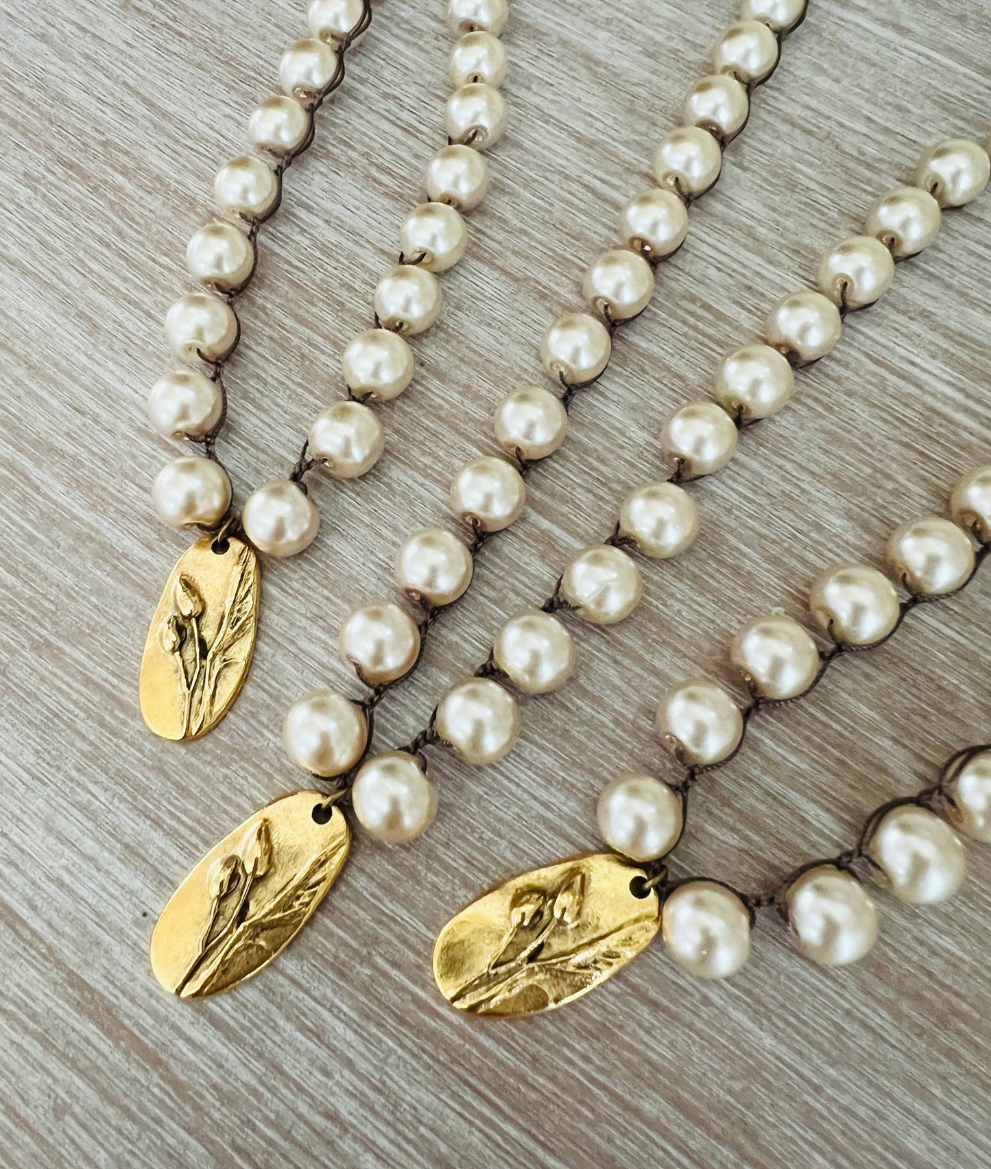 Classic Glass Pearl Necklace And Handmade Marsh Flower Charm