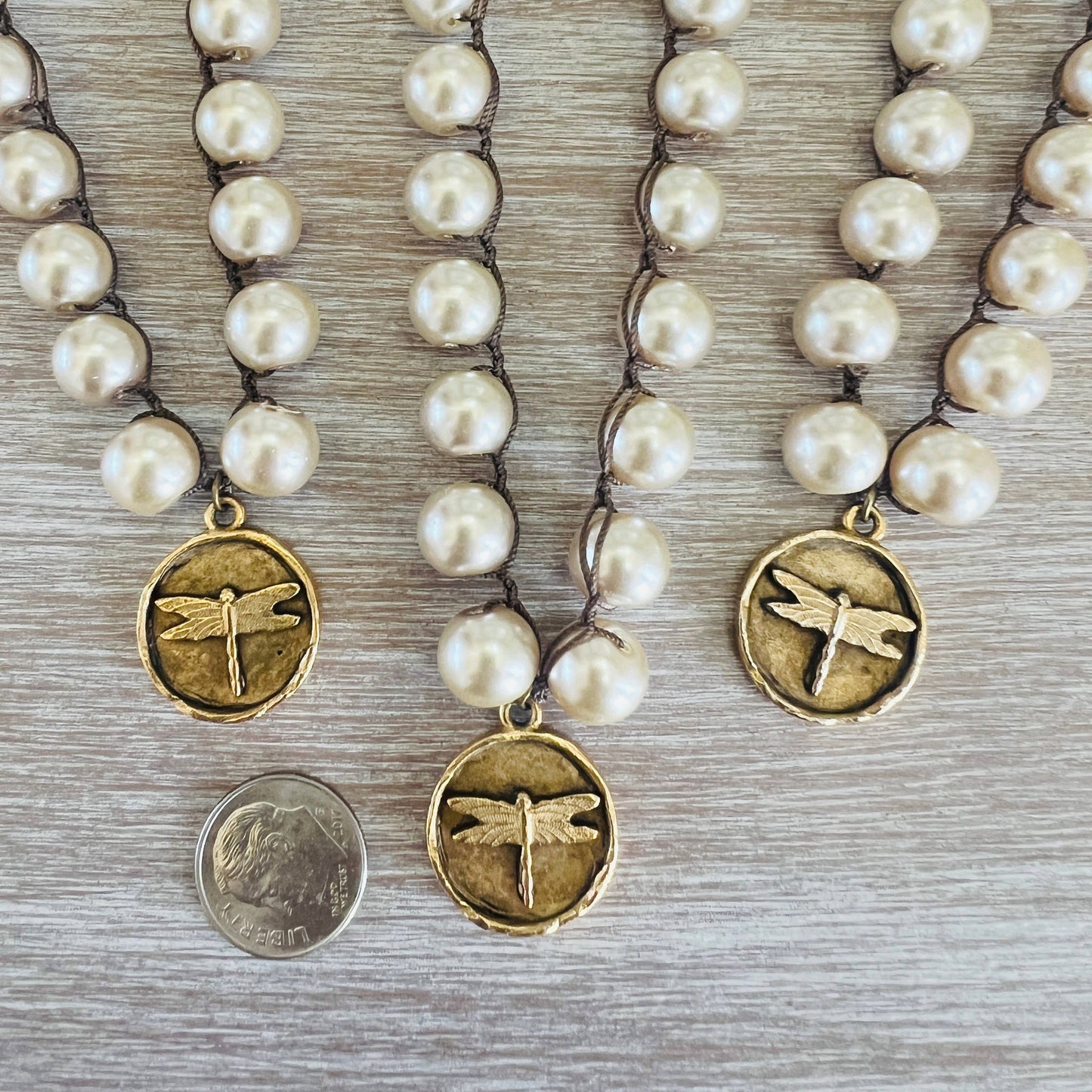 Dragonfly Coin Necklace Crocheted With Glass Pearls