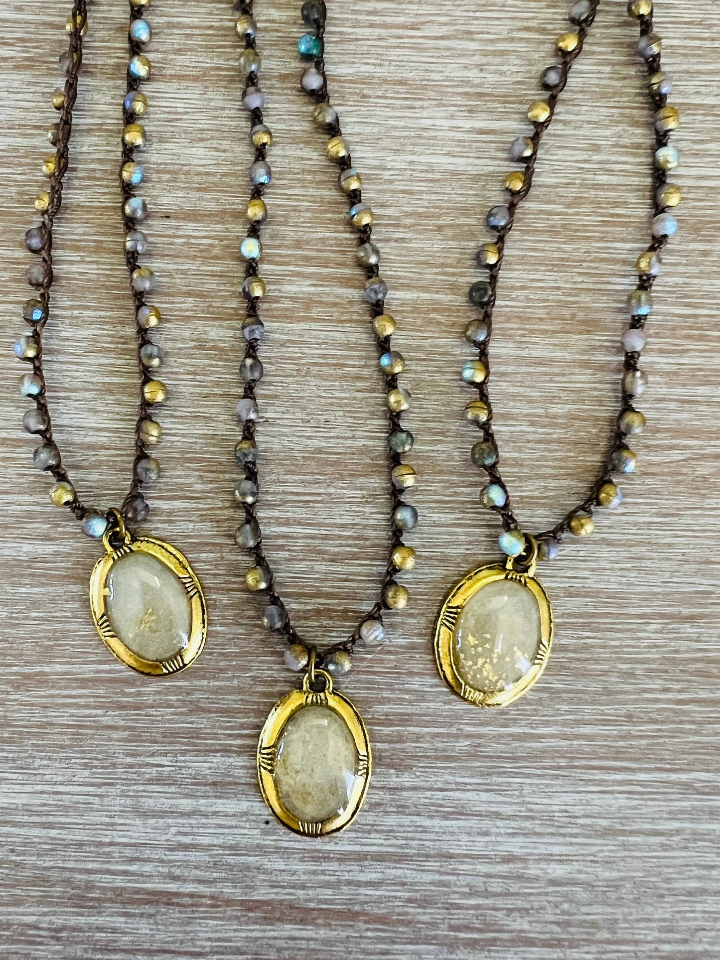Golden Cream Seashell Portal Pendant Crocheted Necklace
