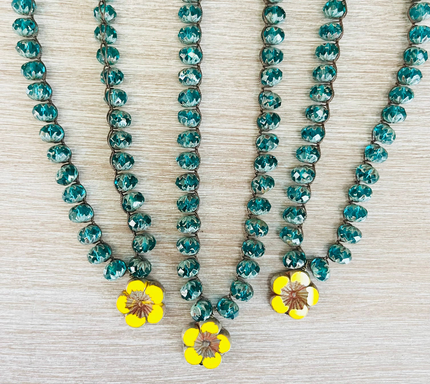 Sunshine Yellow Glass Flower & Teal Earthen Beauty Necklace