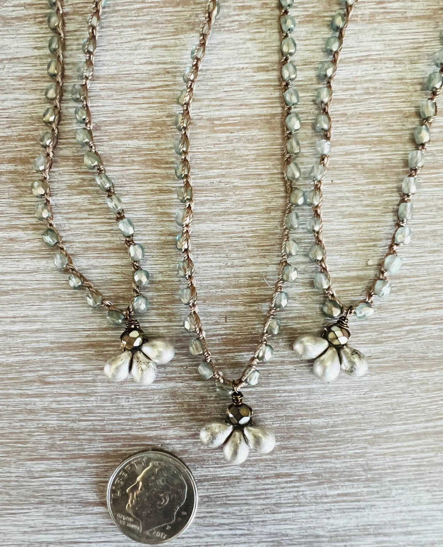 Mint Crystal Crocheted Necklace With Silver Mercury Drops