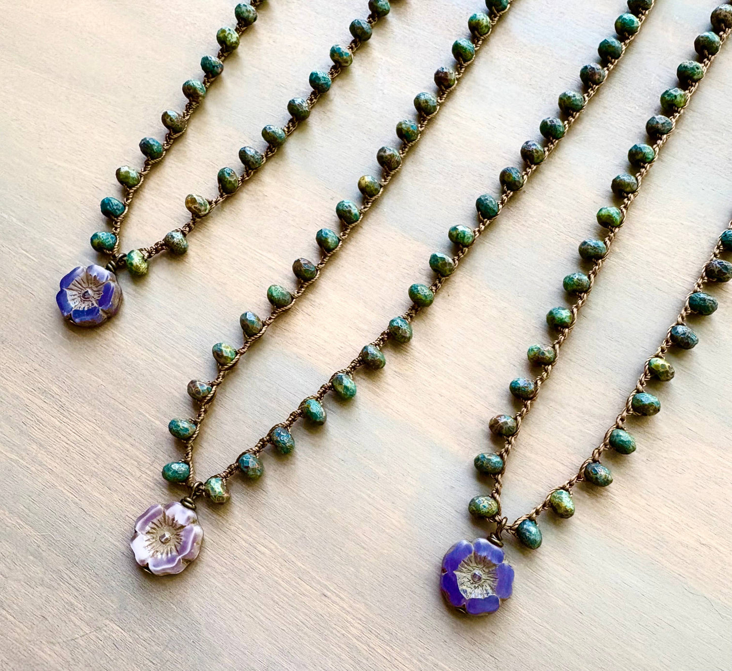 Earthen Beauty Crocheted Necklace With Lavender Glass Flower