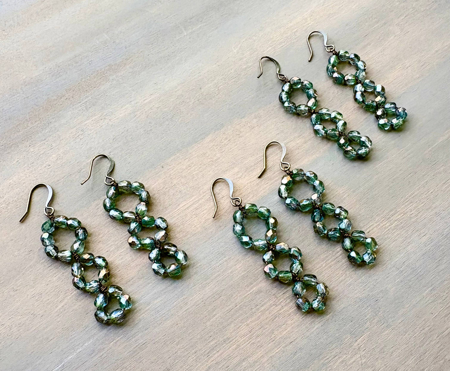 Sea Green And Grey Triple Loop Crystal Beach Earrings