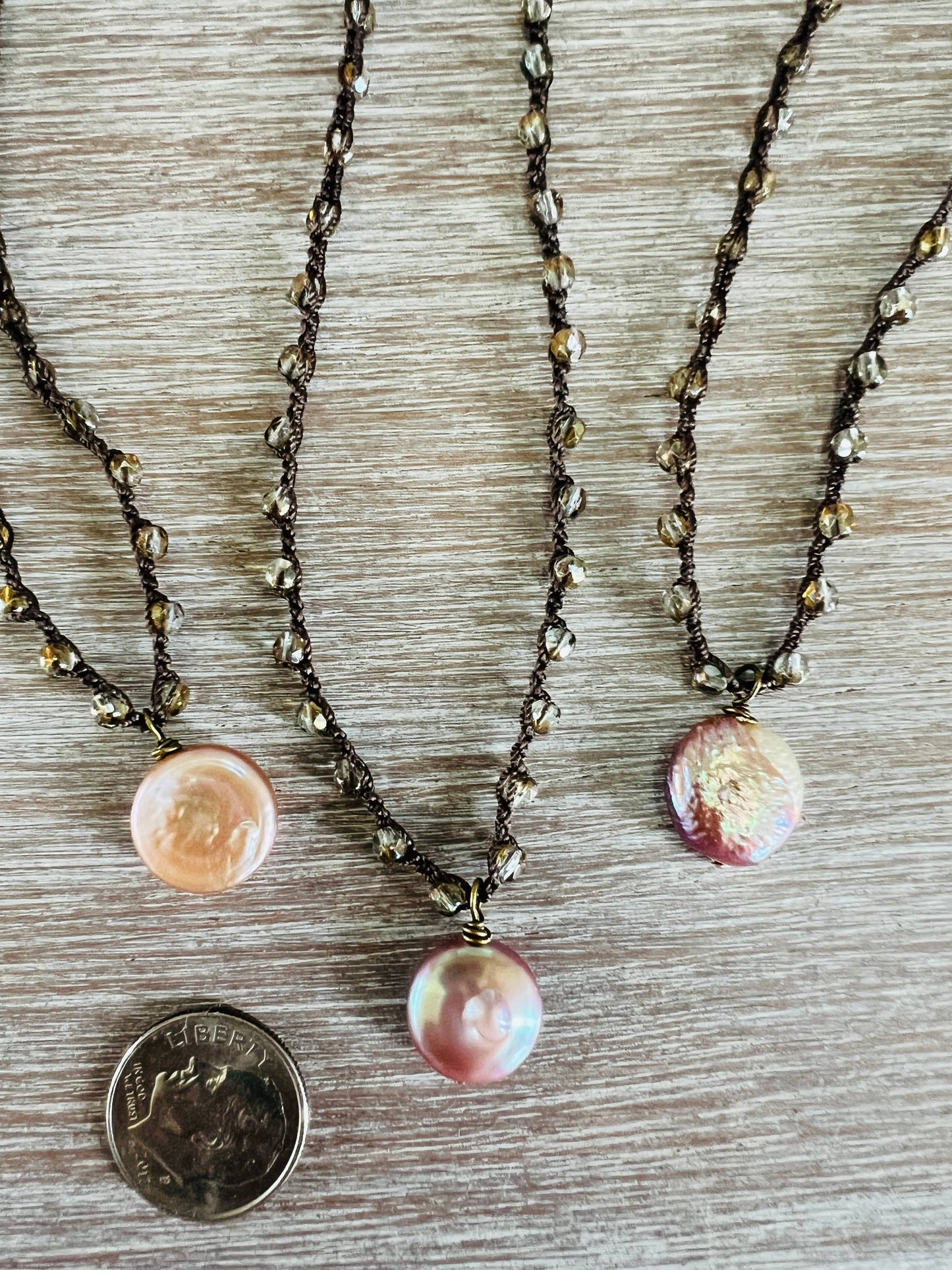 Crocheted Necklace With Freshwater Coin Pearl In Blush Pink