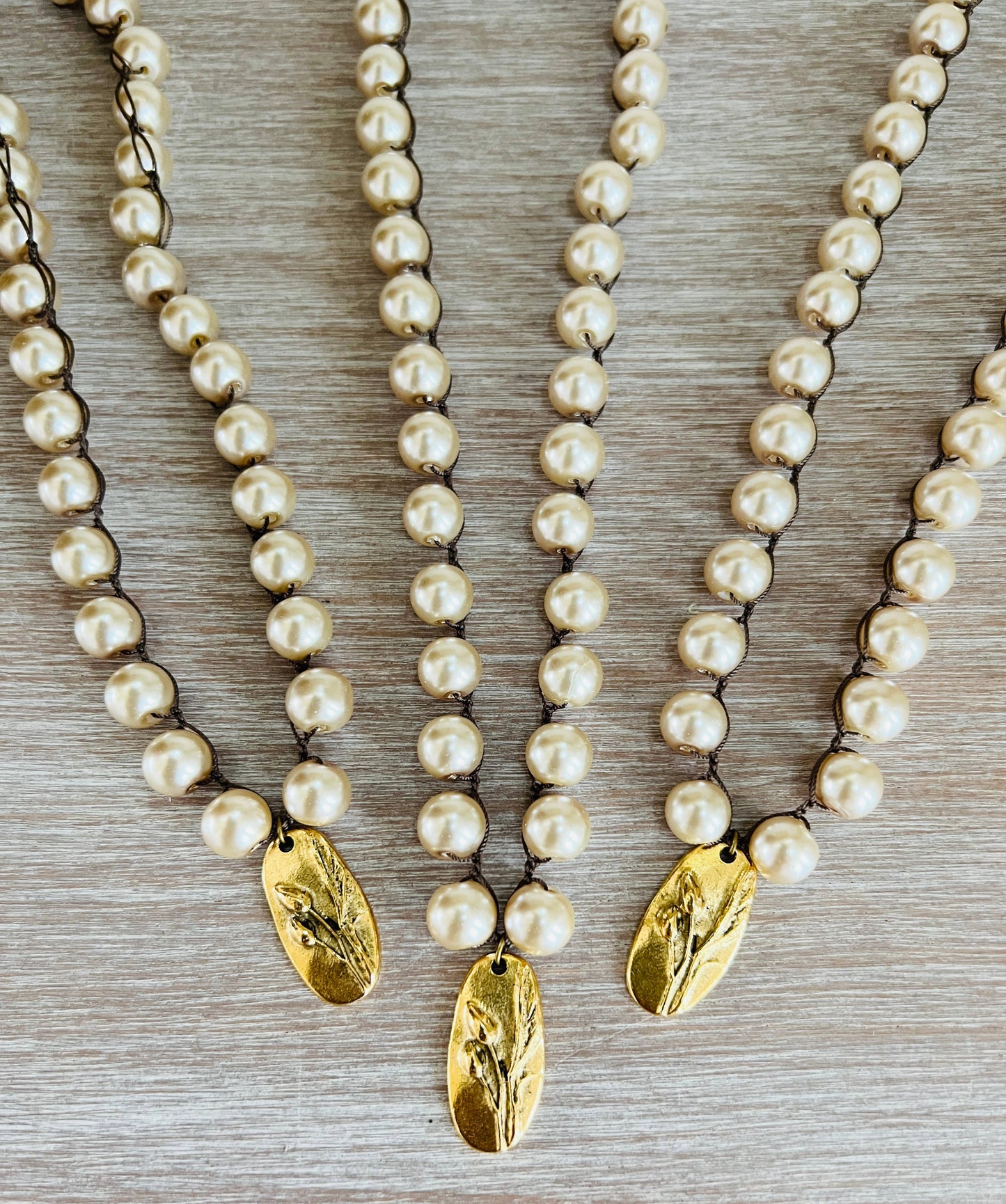 Classic Glass Pearl Necklace And Handmade Marsh Flower Charm
