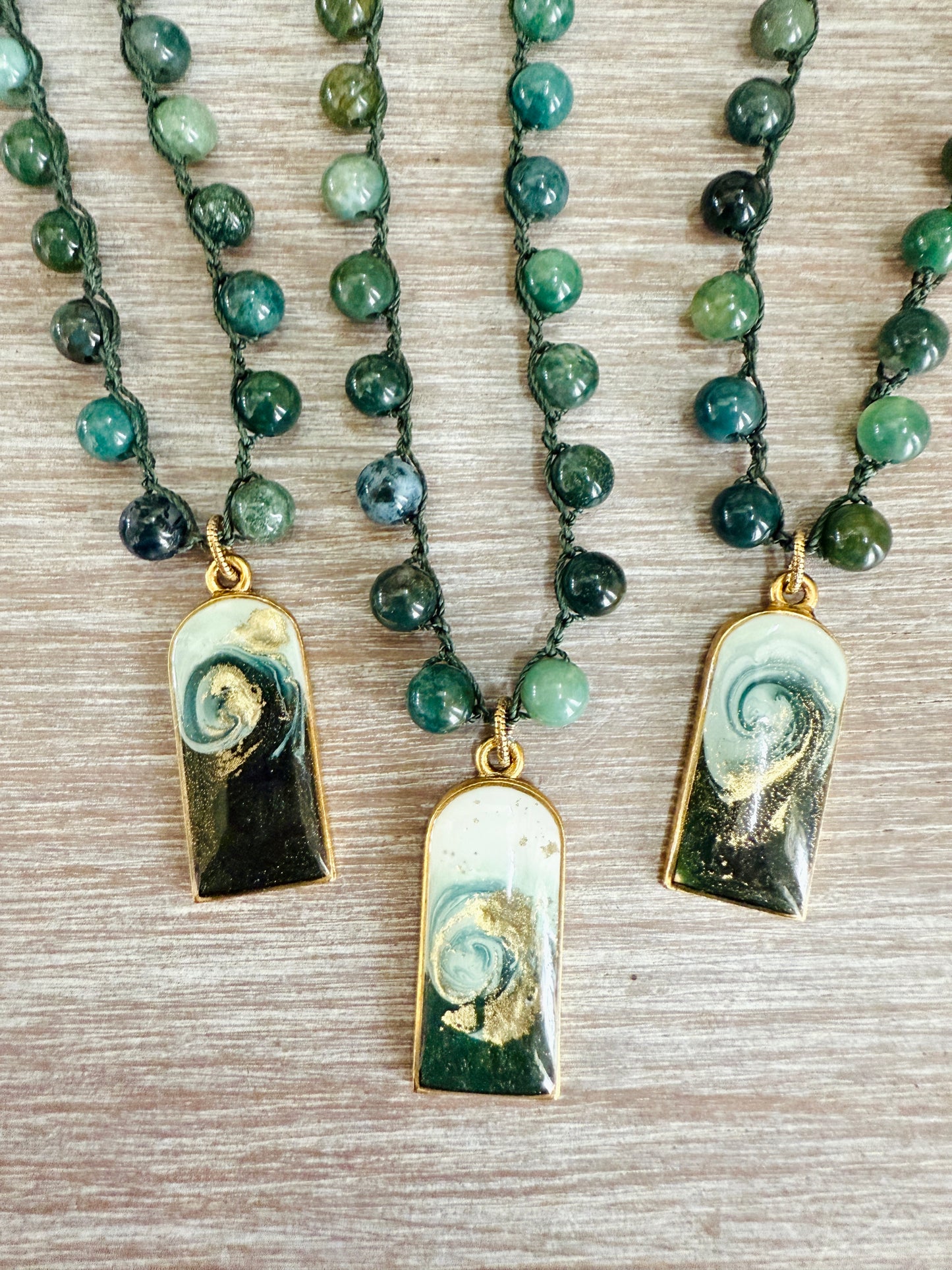 Green Wave Handmade Pendant And Crocheted Strand of Aventurine Stones