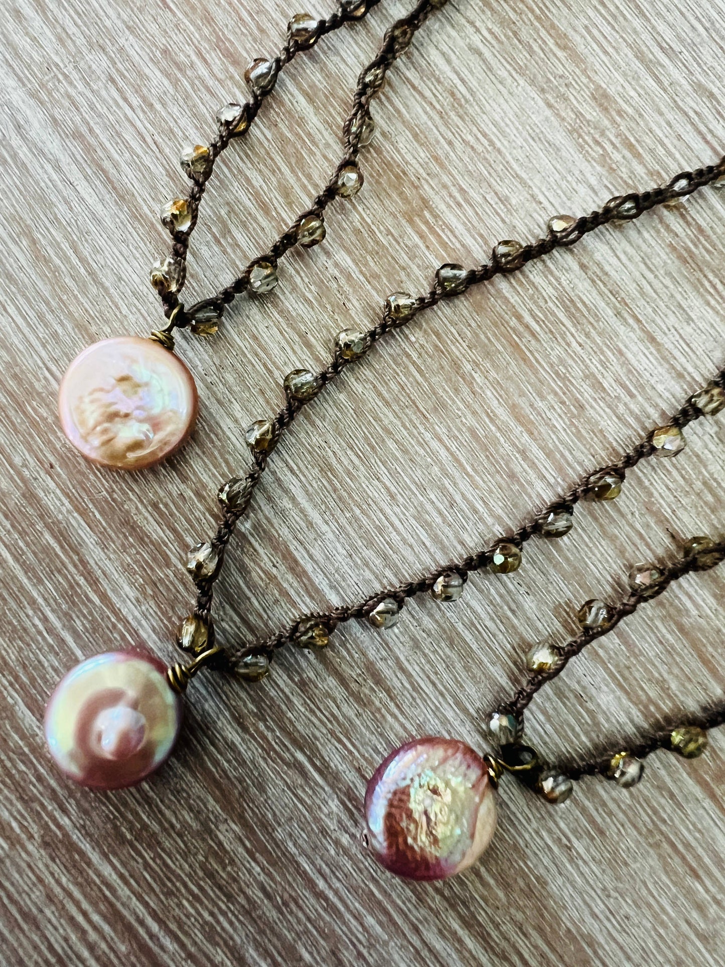 Crocheted Necklace With Freshwater Coin Pearl In Blush Pink