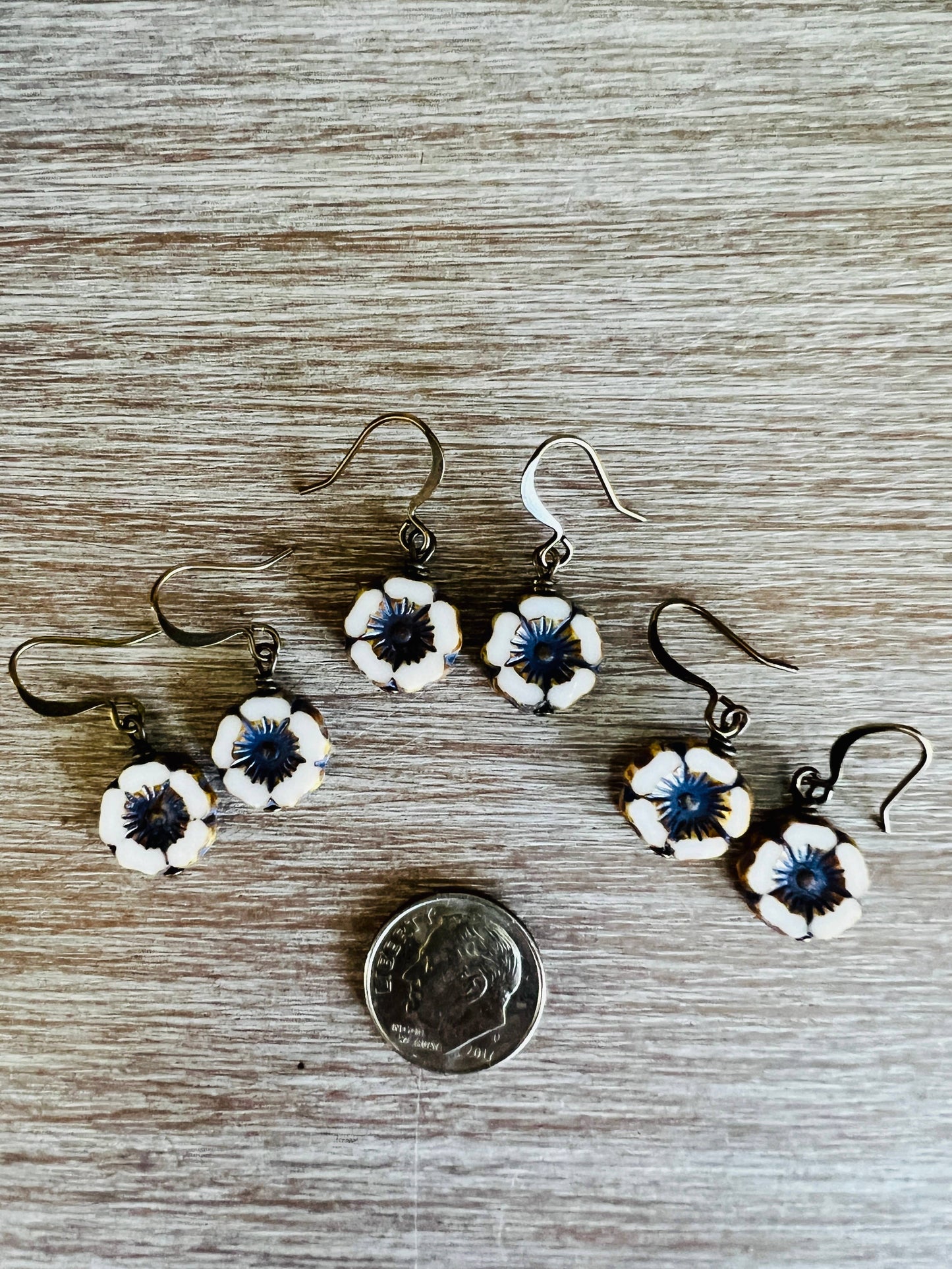 Pressed Glass Crystal Flower Earrings In Ivory And Denim