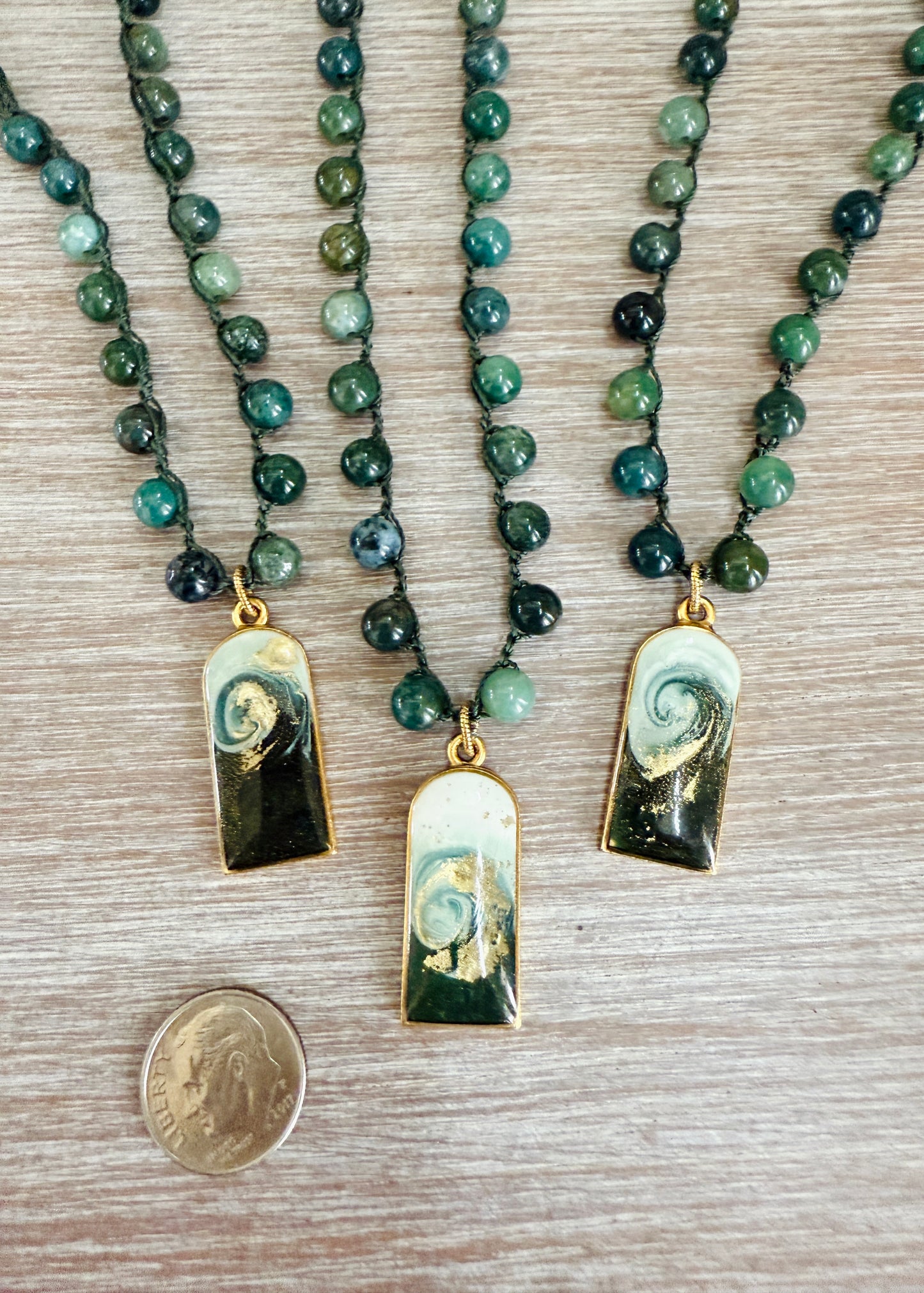 Green Wave Handmade Pendant And Crocheted Strand of Aventurine Stones