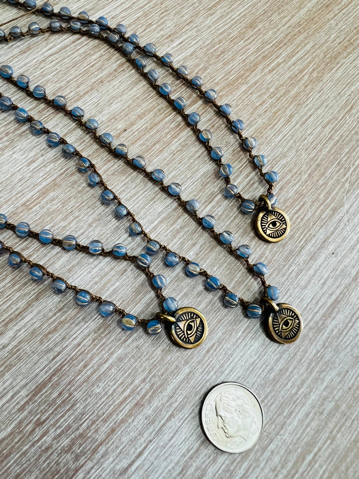 Denim Crystal Necklace With Evil Eye Pendant