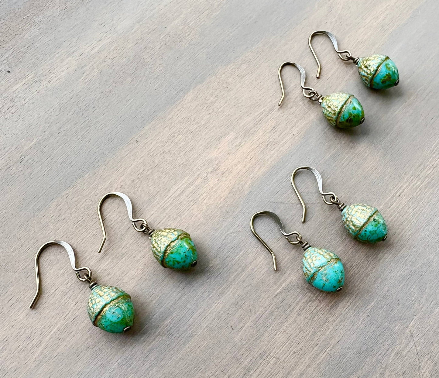 Antiqued Acorn Drop Earrings In Shimmering Aqua
