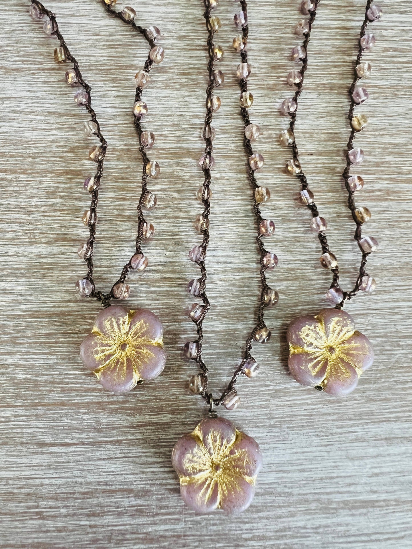 Pink Glass Crystal Flower Necklace With Golden Shimmer