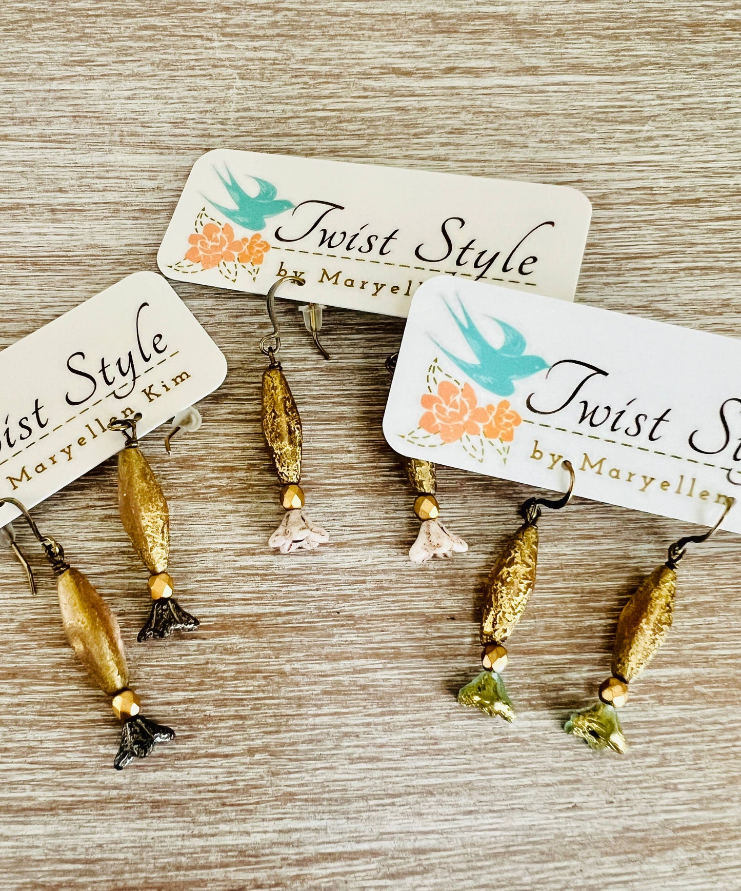 French Style Golden Parasol Earrings, Three Vintage Colors