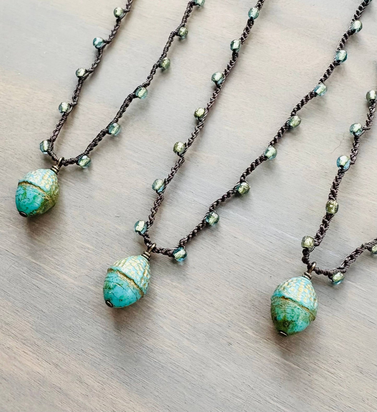 Antiqued Acorn Drop Earrings In Shimmering Aqua