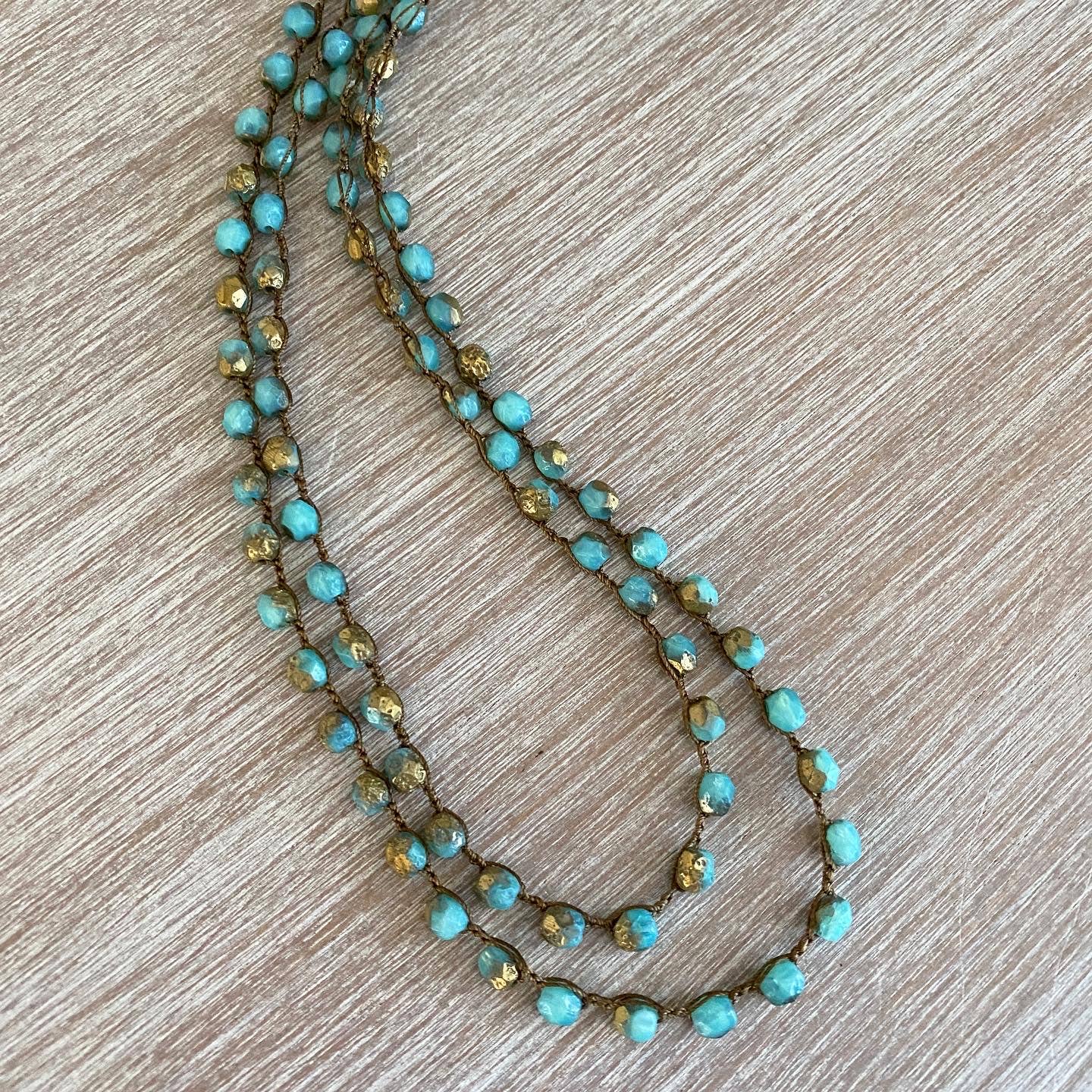 Golden Aqua Long Crystal Layering Necklace