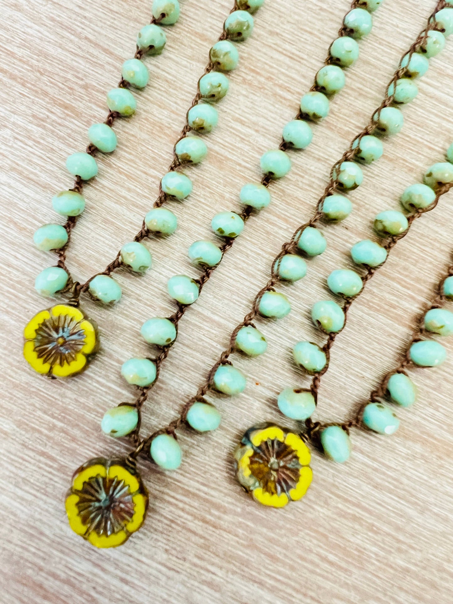 Citron Glass Flower Crocheted Necklace with Aqua Crystal