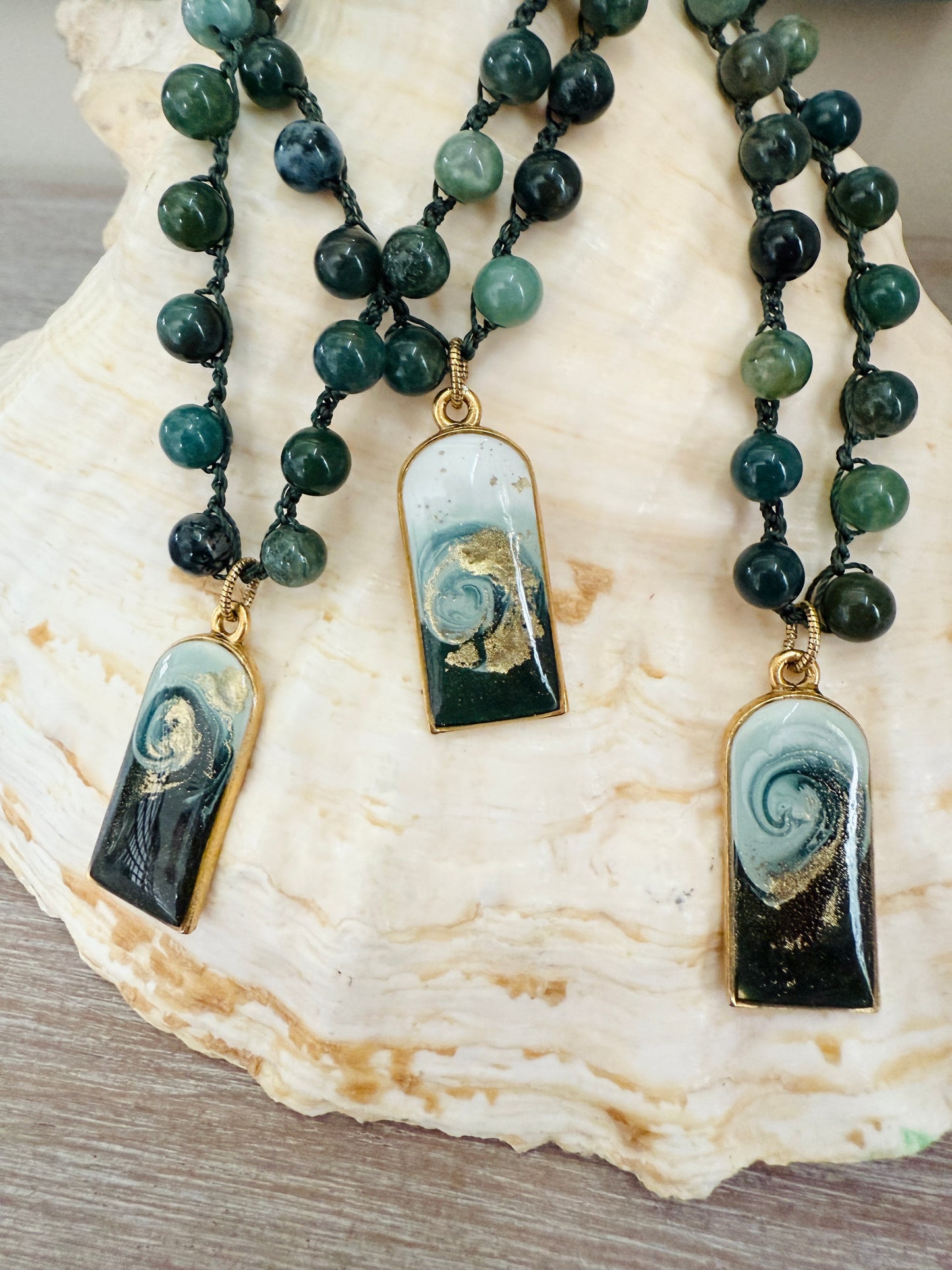 Green Wave Handmade Pendant And Crocheted Strand of Aventurine Stones