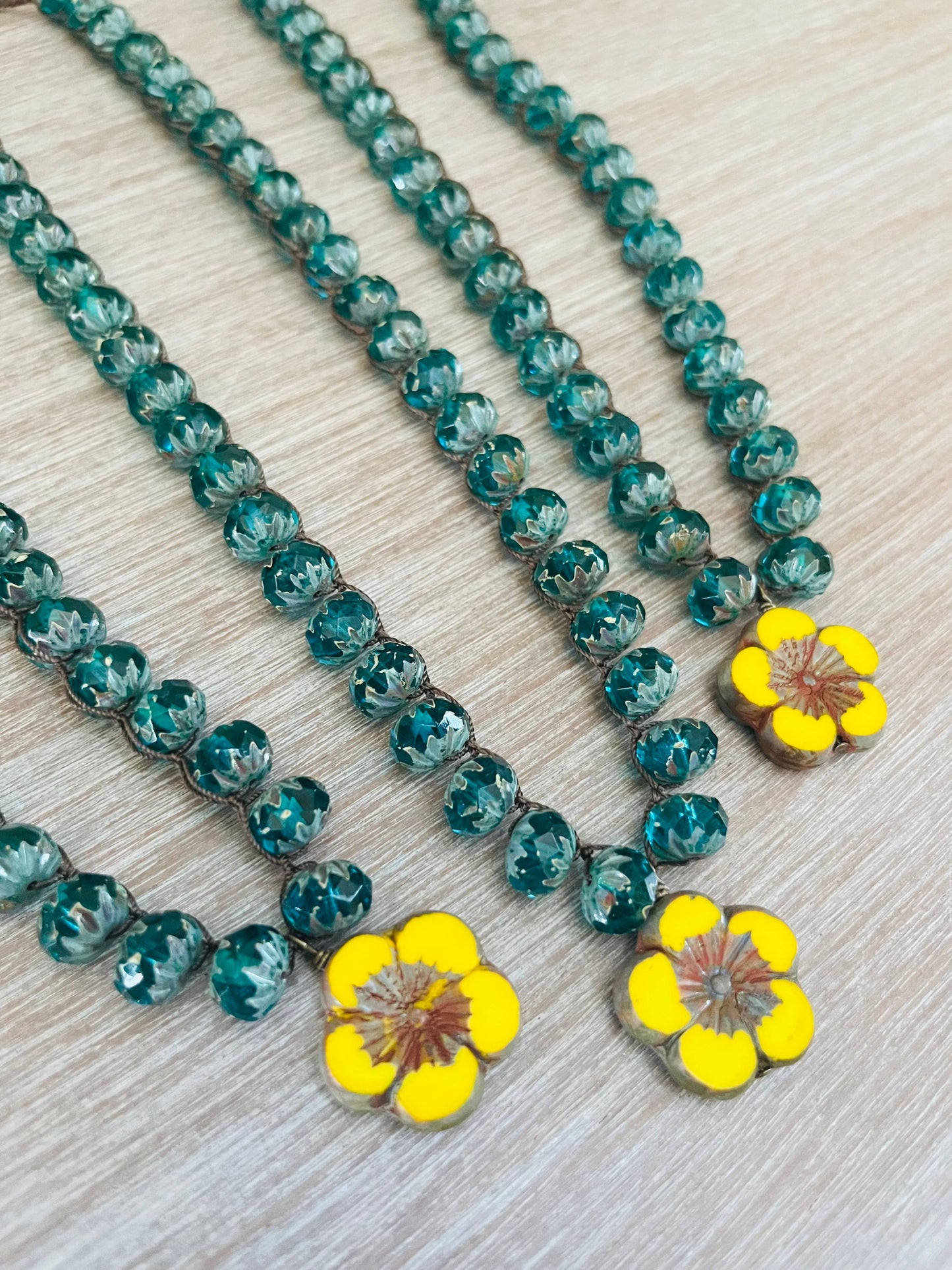 Sunshine Yellow Glass Flower & Teal Earthen Beauty Necklace