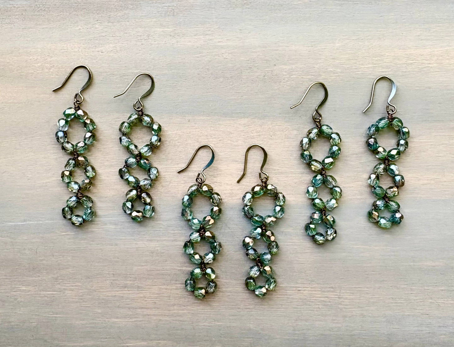 Sea Green And Grey Triple Loop Crystal Beach Earrings