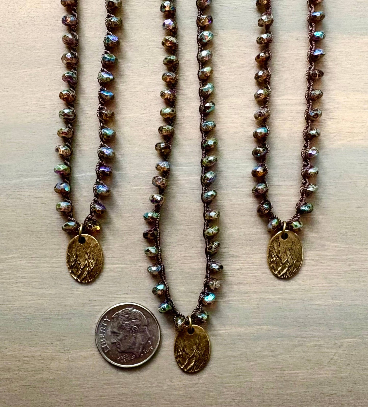 Golden Twig Handmade Pendant On Crocheted Crystal Necklace