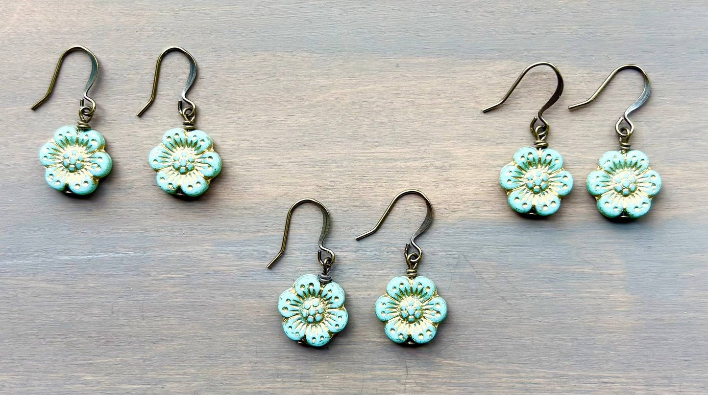 Mint Wild Rose Earrings With Golden Spring Glimmer