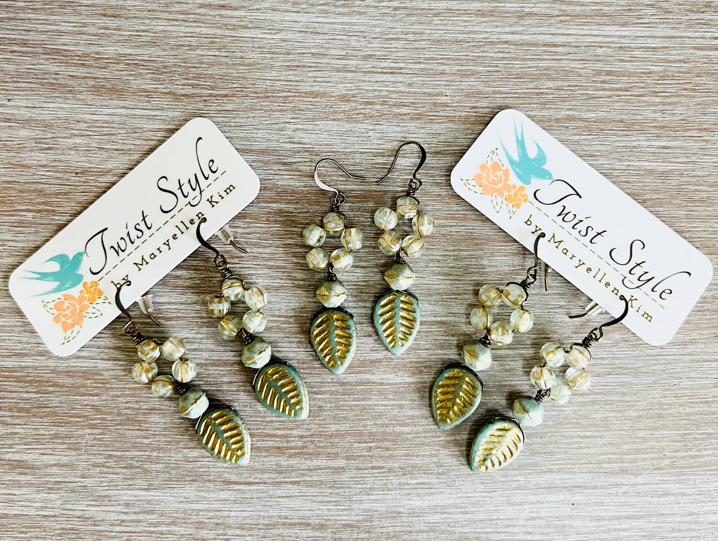 Palm Leaf Drop Earrings with Translucent Aqua Crystal