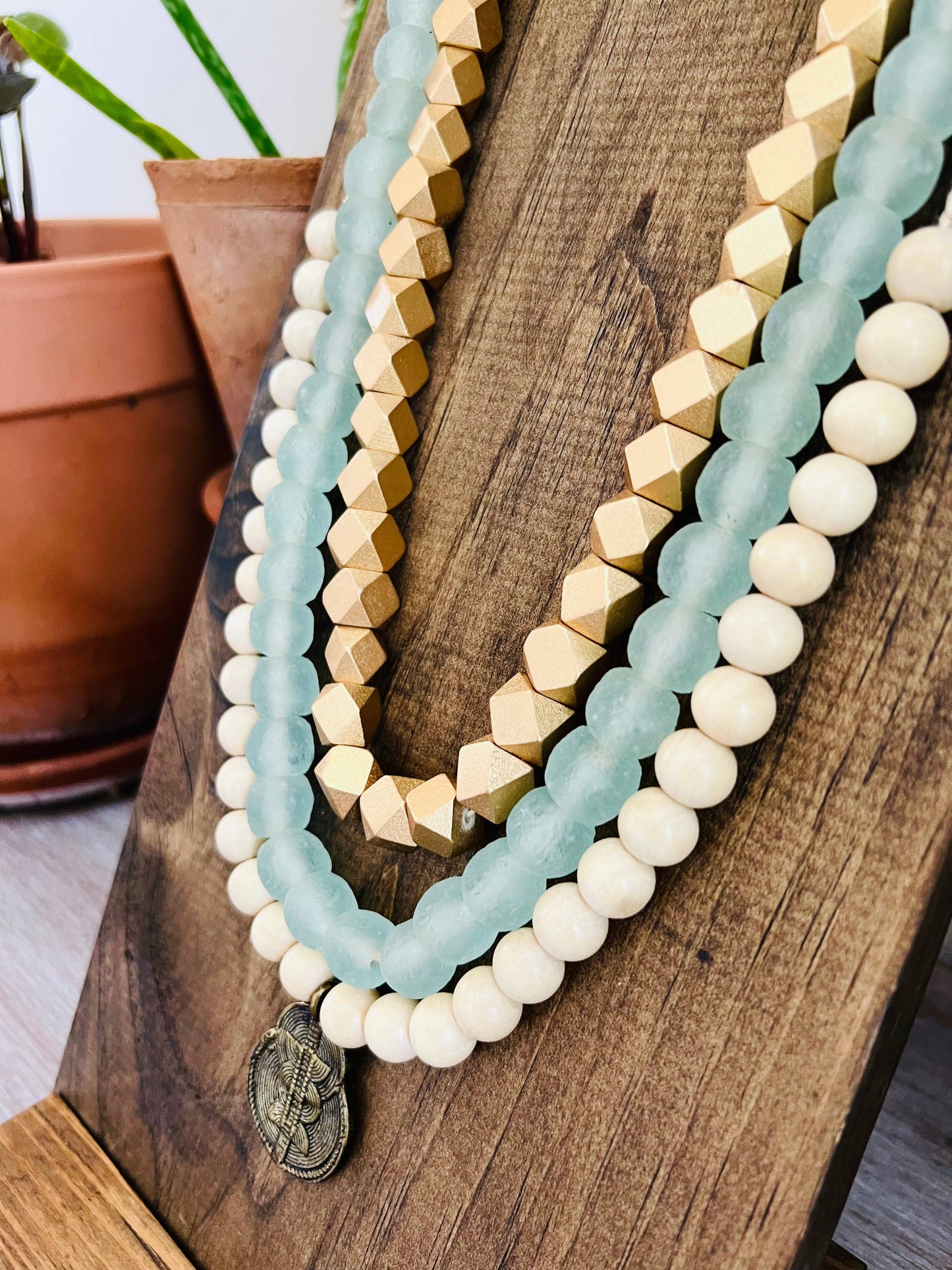 Sea Glass And Wood Golden Beach Goddess Layered Necklaces