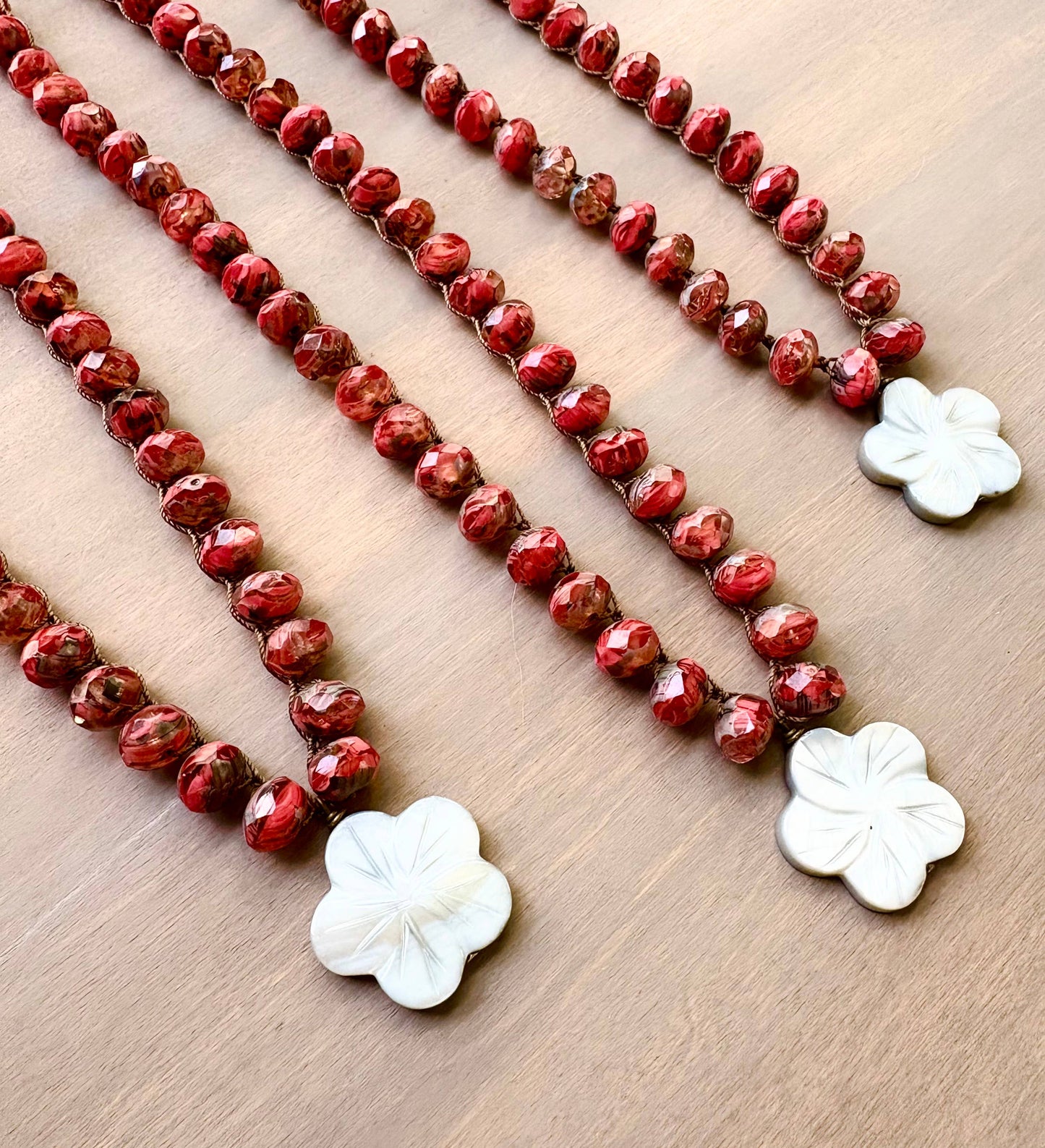 Coral Red Crystal with Silvery Carved Mother Of Pearl Flower