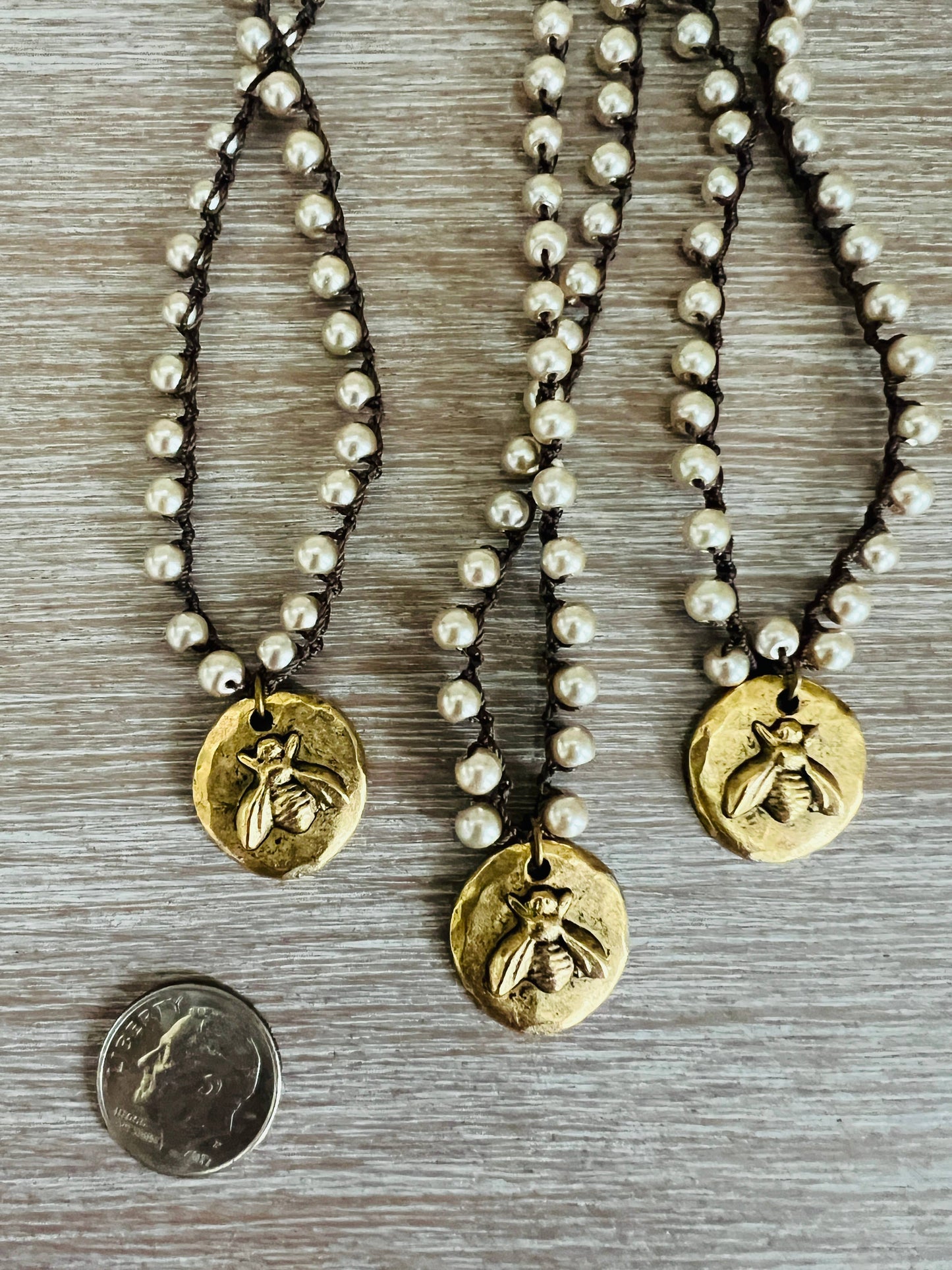 Dainty Glass Pearl Crocheted Necklace With Golden Bee Charm