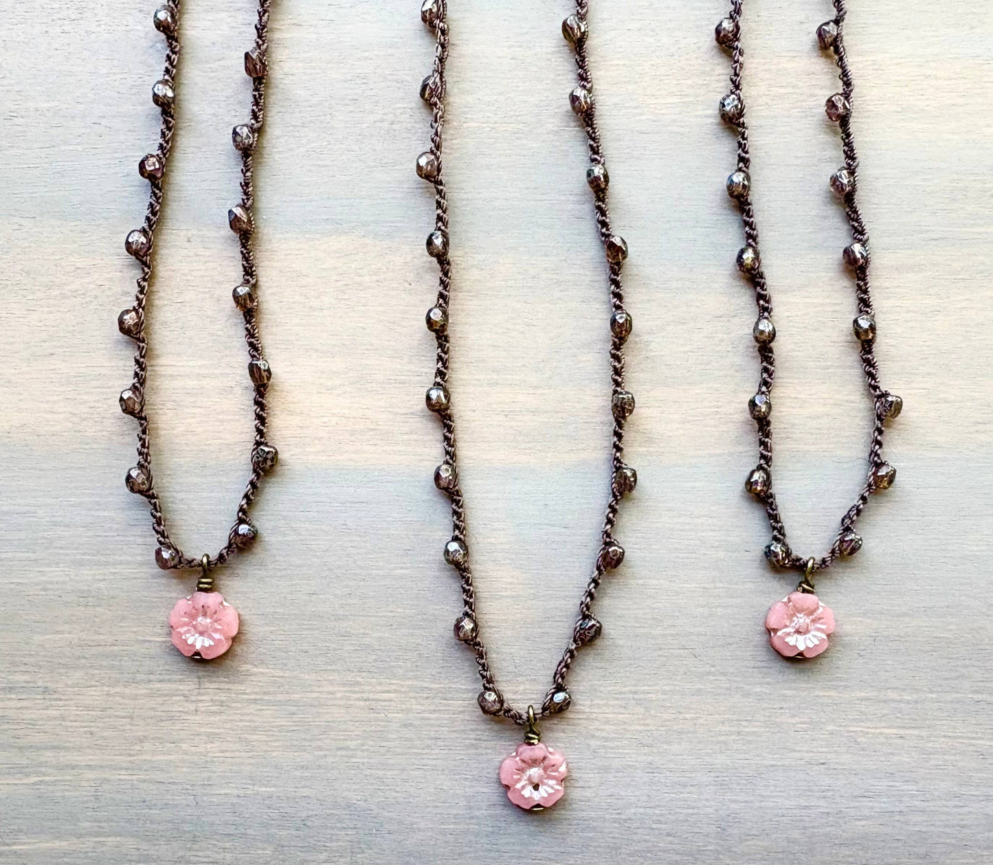 Tiny Antique Apricot Glass Flower On Czech Crystal Strand