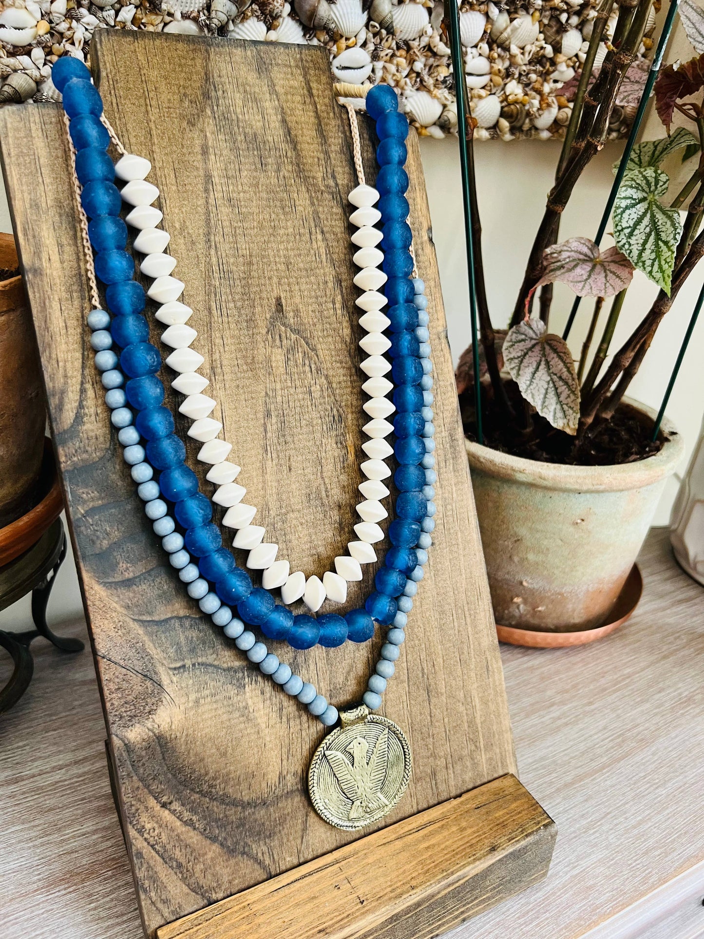 Cobalt And Denim Blue Sea Glass And Wood Beach Necklace Set