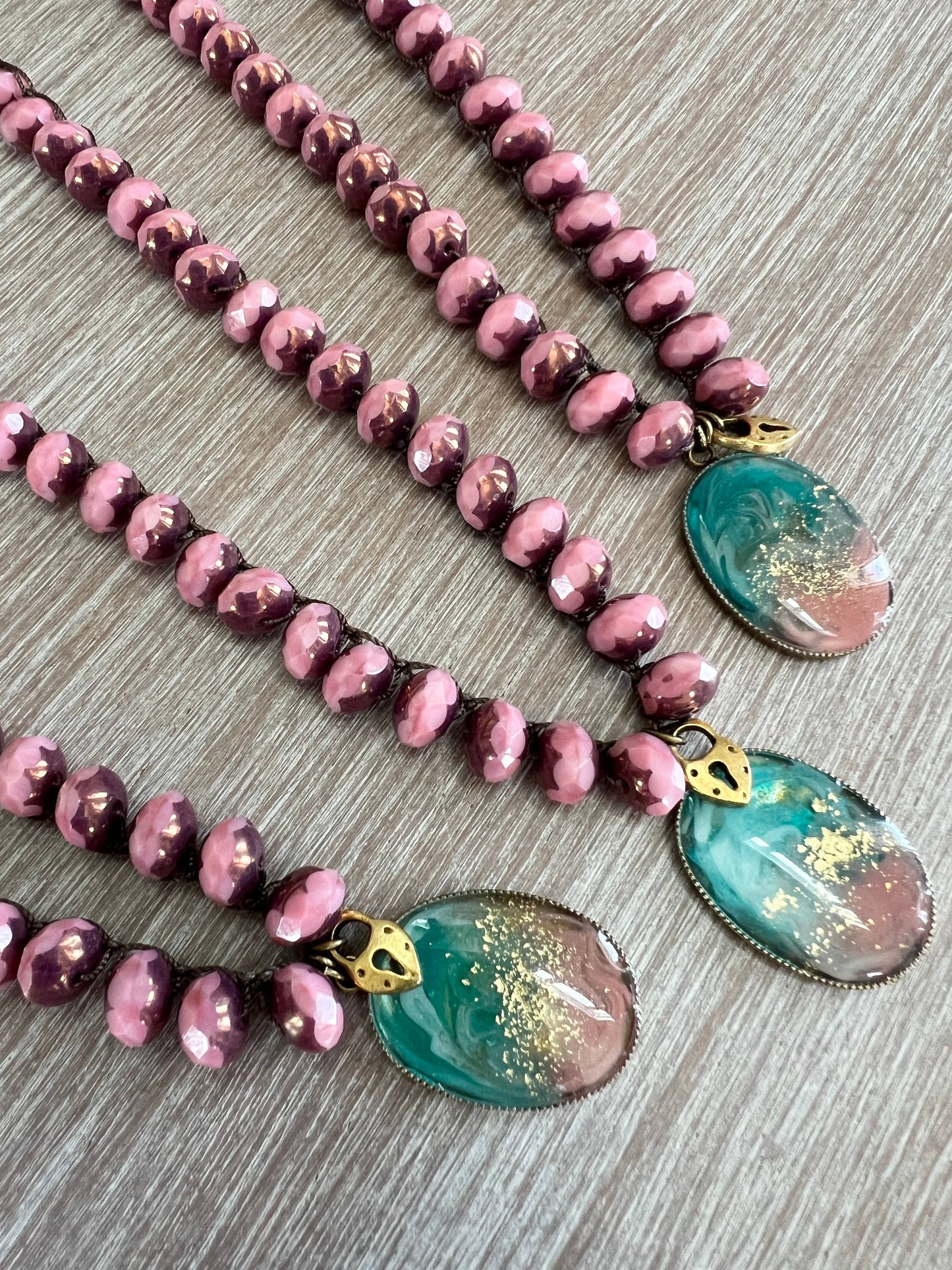 Pink Sand Beach Handmade Necklace With Crocheted Crystal
