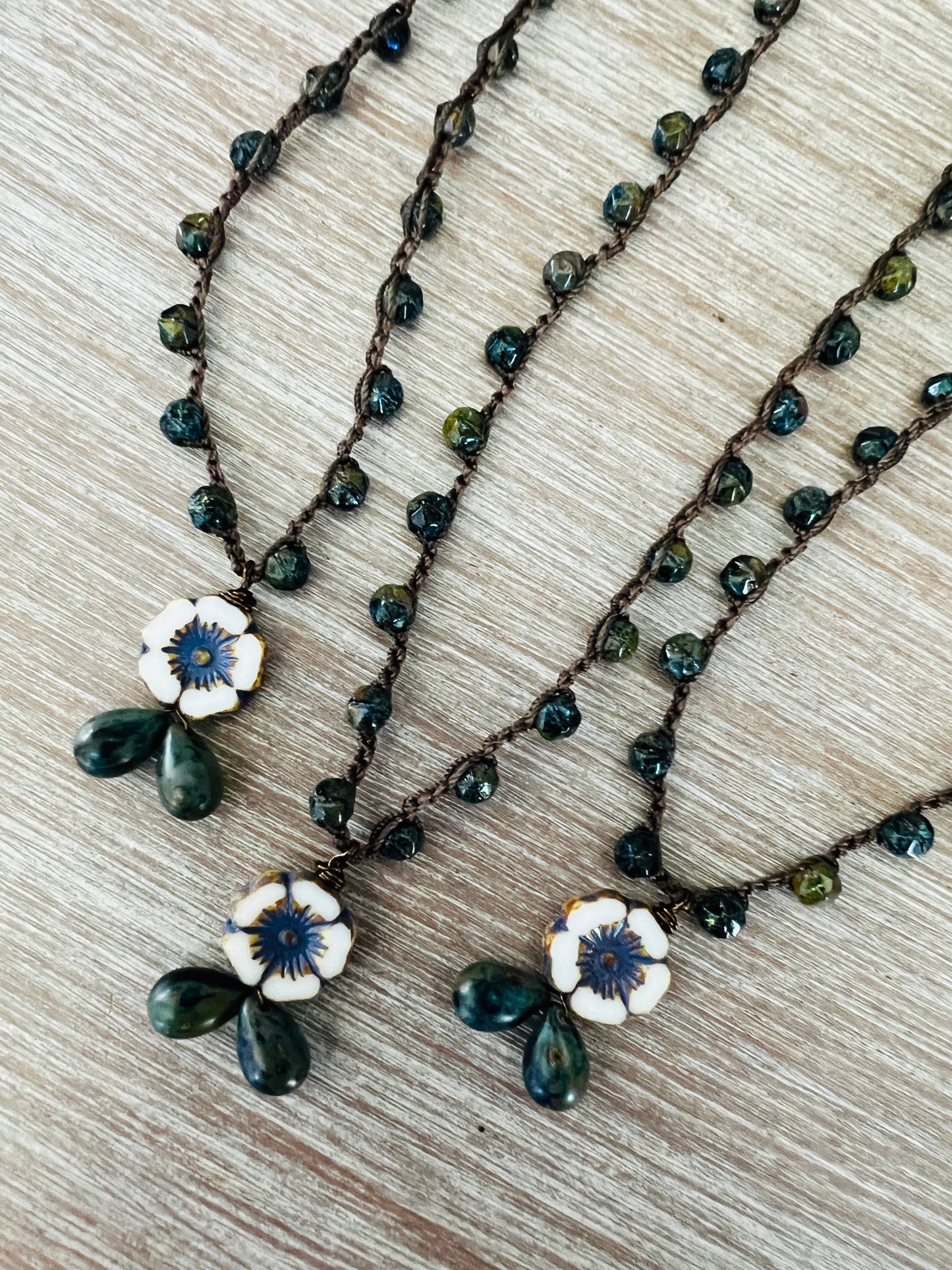 Vintage Flora Drop Crocheted Necklace in Deep Lake Tones