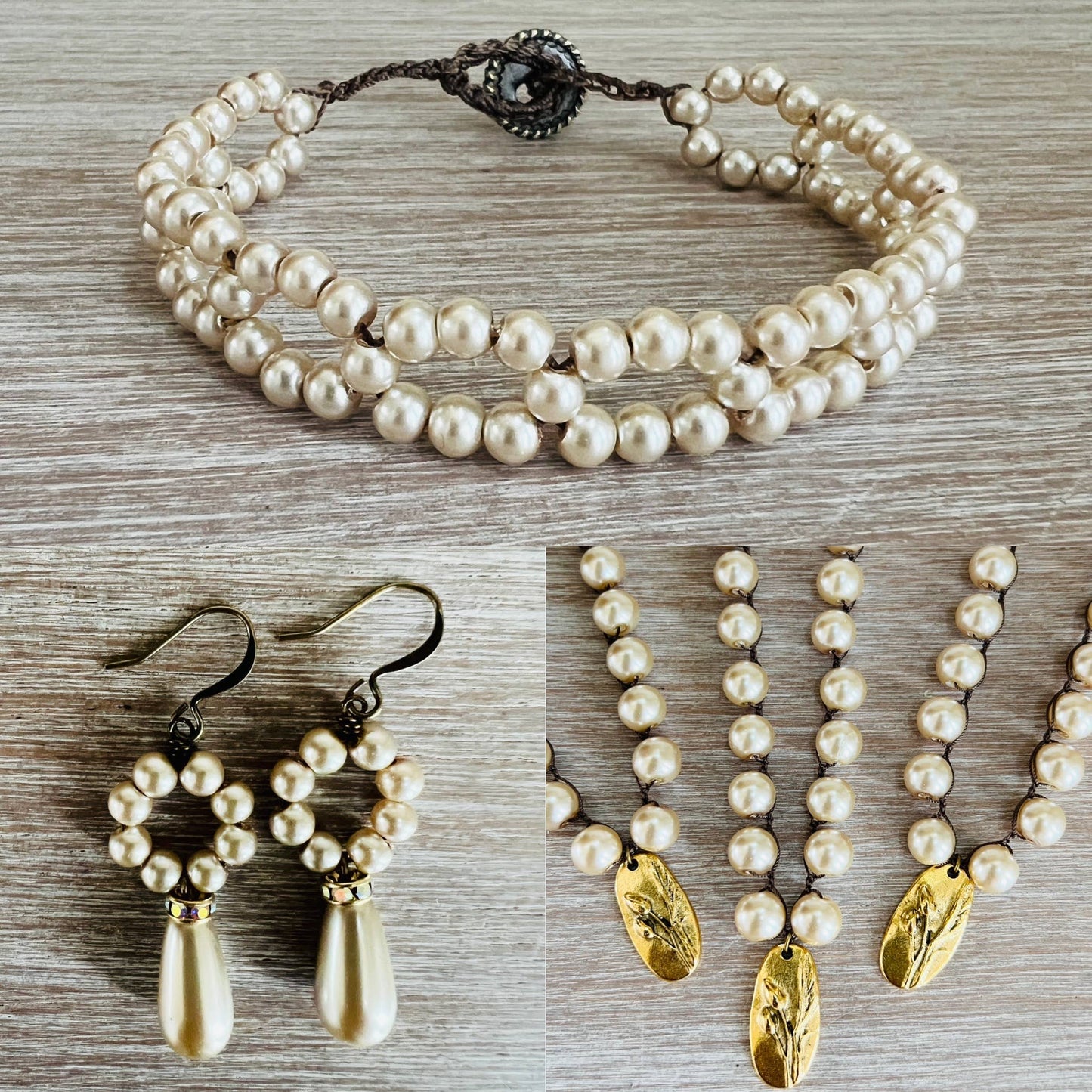 Classic Glass Pearl Necklace And Handmade Marsh Flower Charm