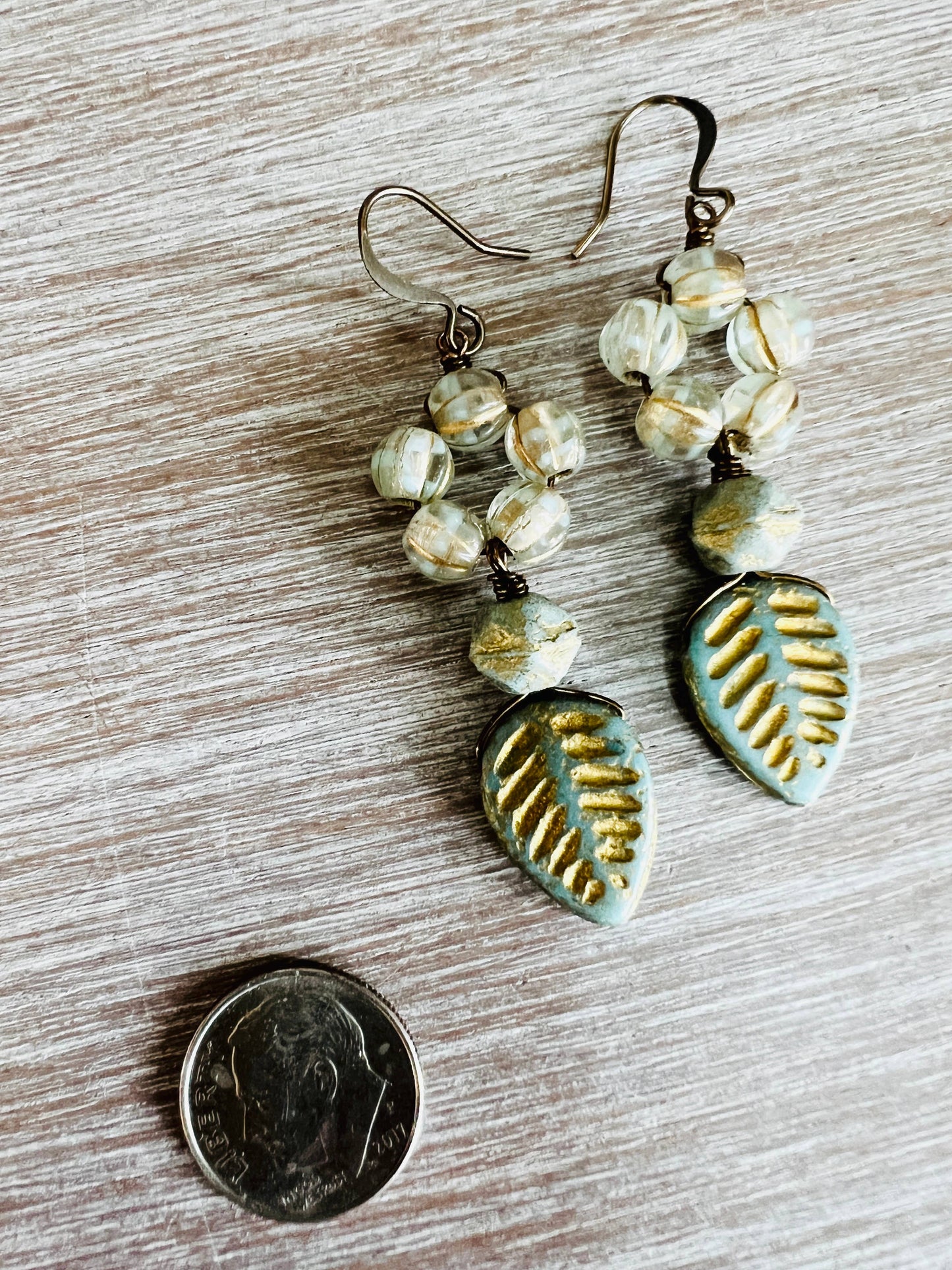 Palm Leaf Drop Earrings with Translucent Aqua Crystal