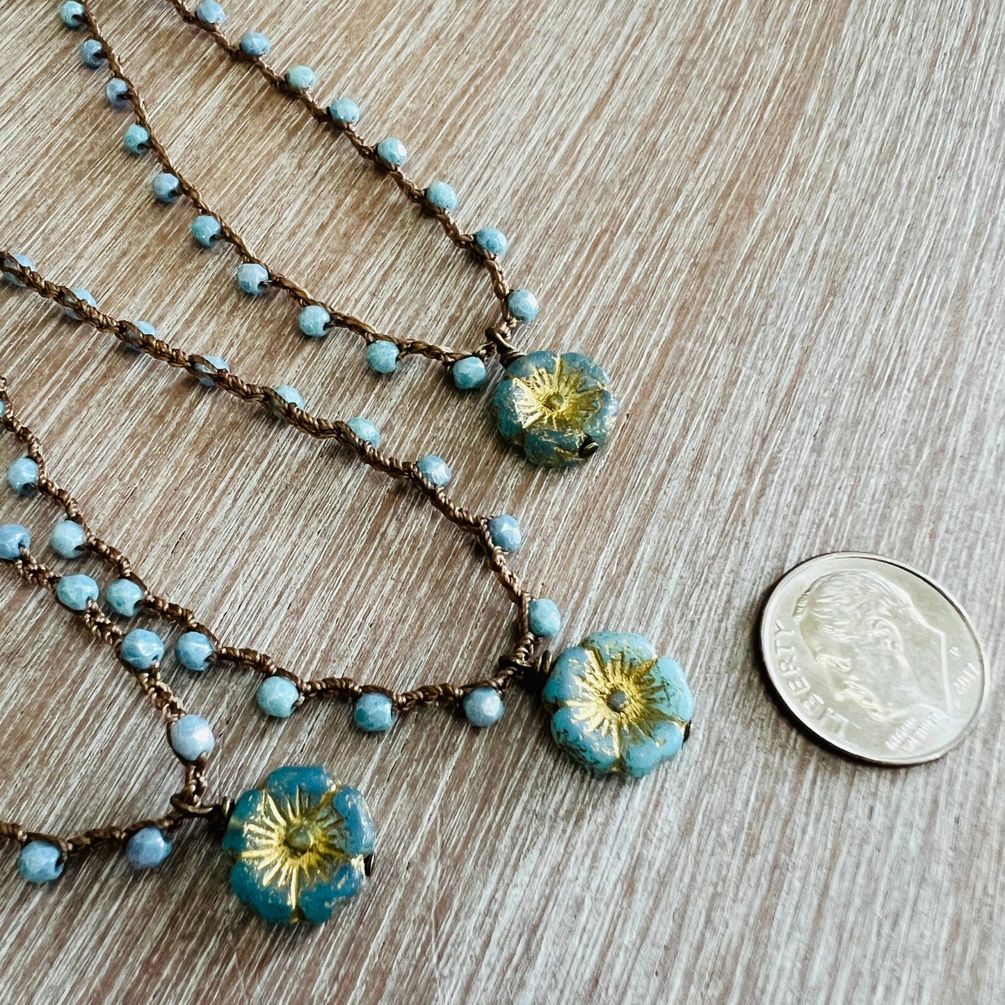 Dainty Denim Flower Necklace With Crocheted Czech Crystal