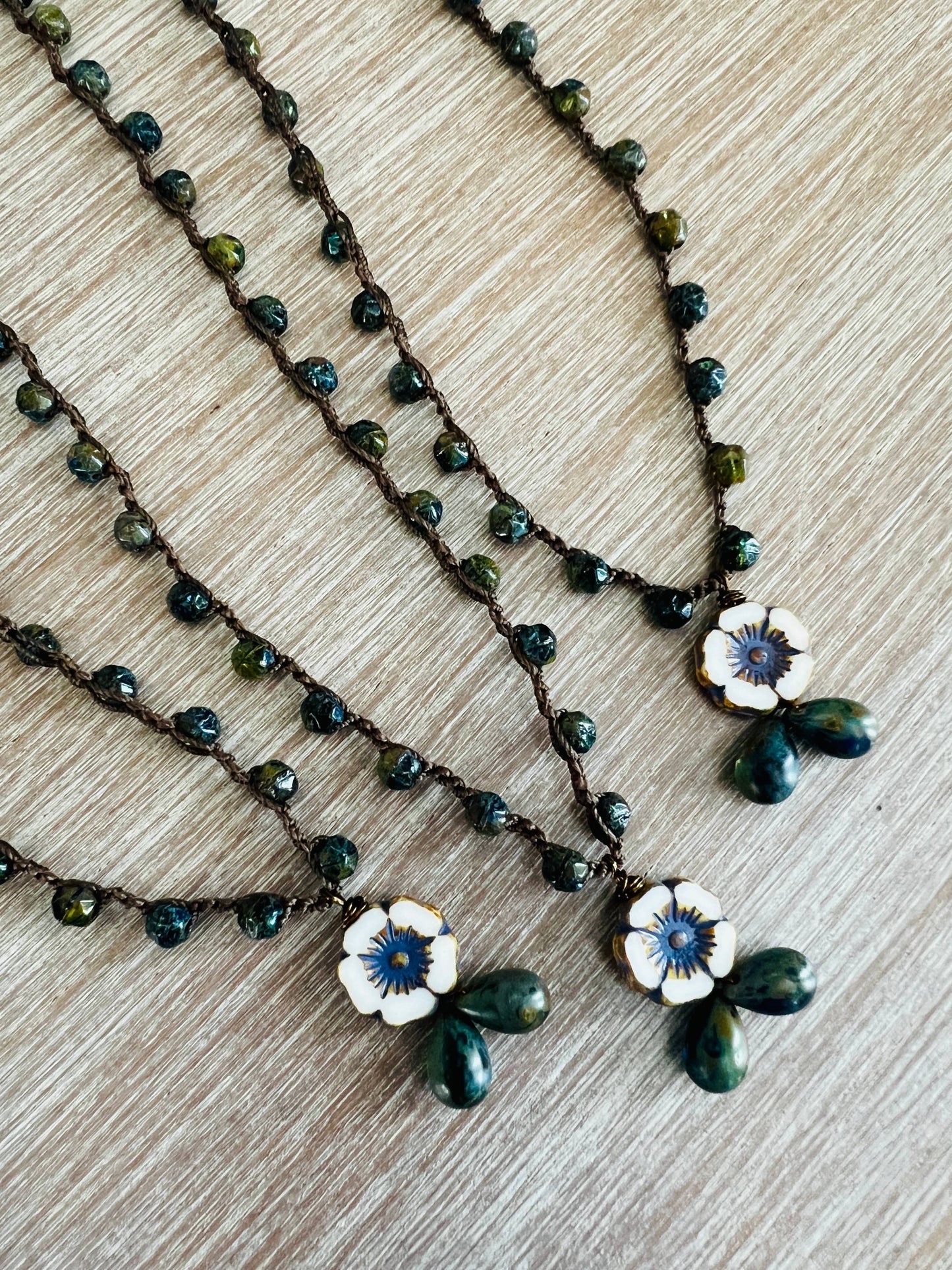 Vintage Flora Drop Crocheted Necklace in Deep Lake Tones