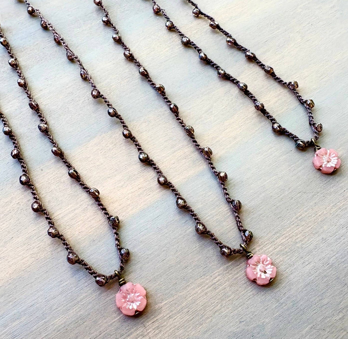 Tiny Antique Apricot Glass Flower On Czech Crystal Strand