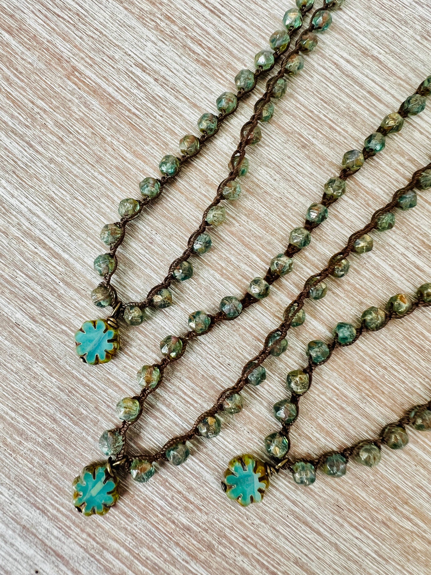 Anemone Glass Flower Crocheted Necklace, Sea Green Crystals