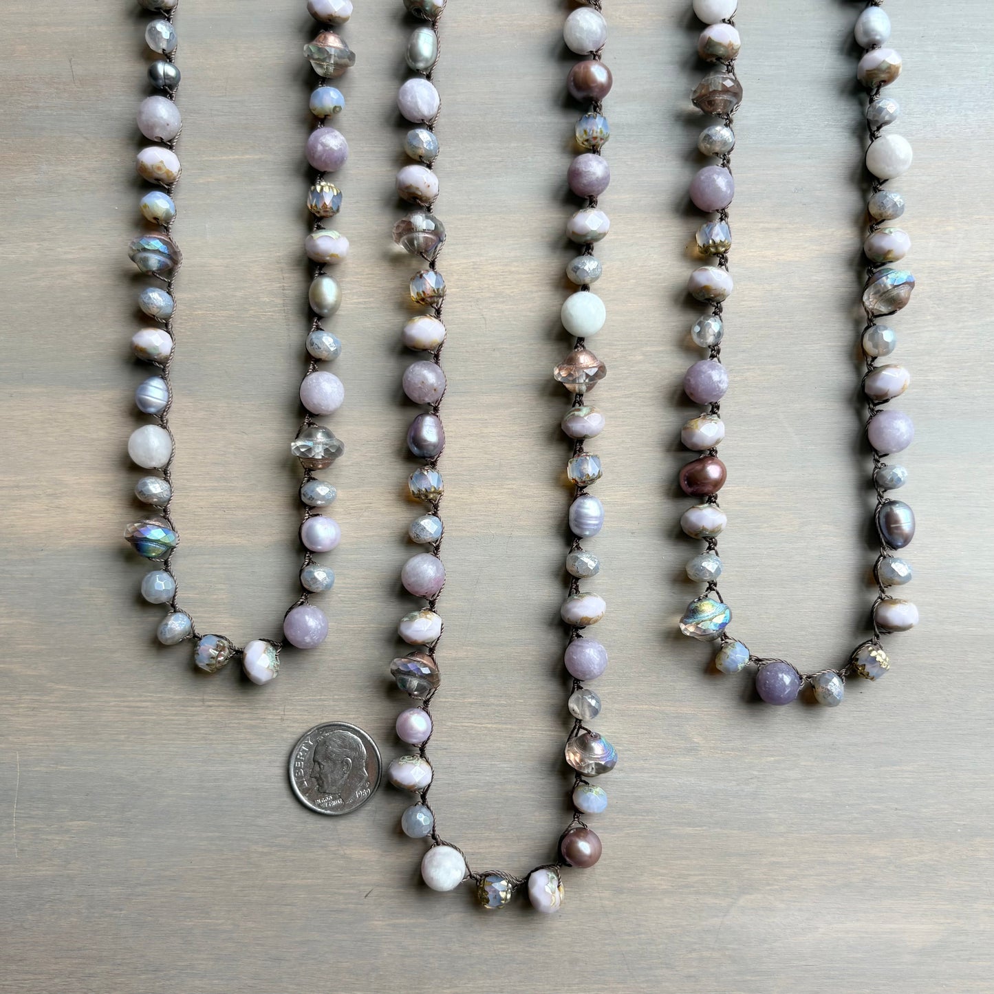 French Lavender Fields Crocheted Necklace With Freshwater Pearls and Semi Precious Stones